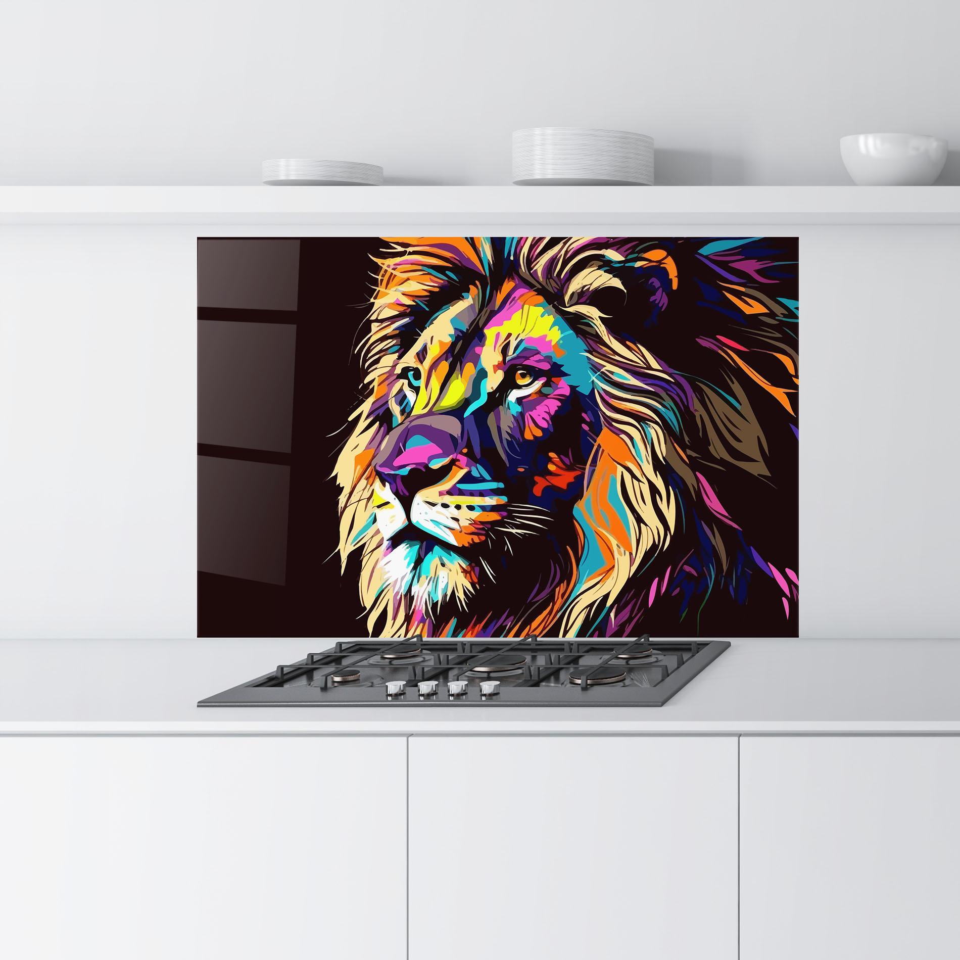 Küchenrückwand Glas Purple Orange Lion mockup 9