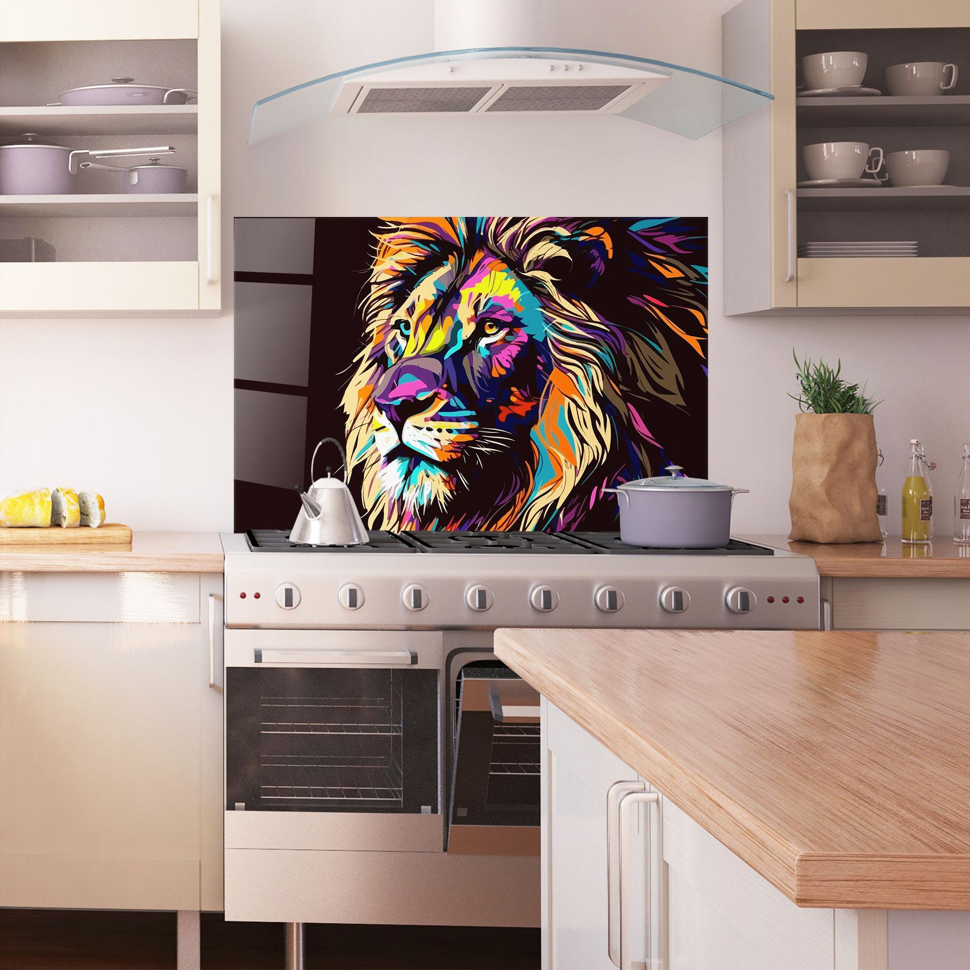 Küchenrückwand Glas Purple Orange Lion mockup 1