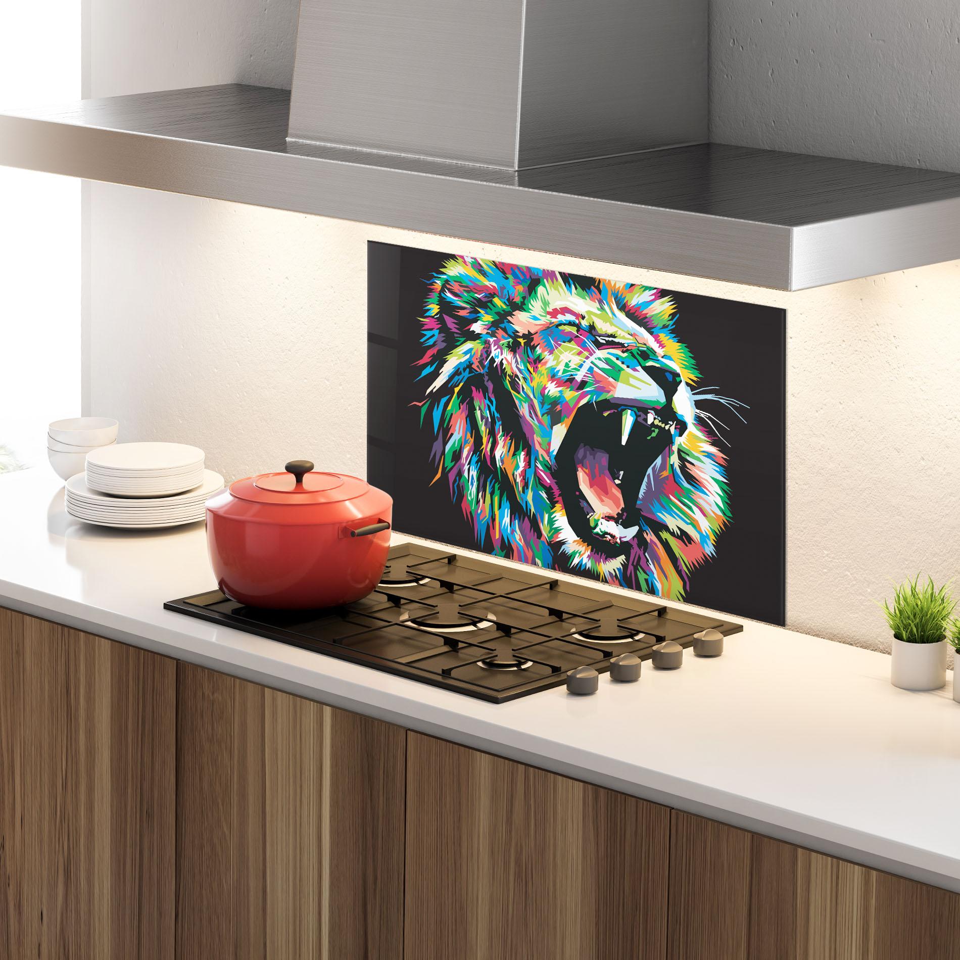 Küchenrückwand Glas Green Blue Lion mockup 4