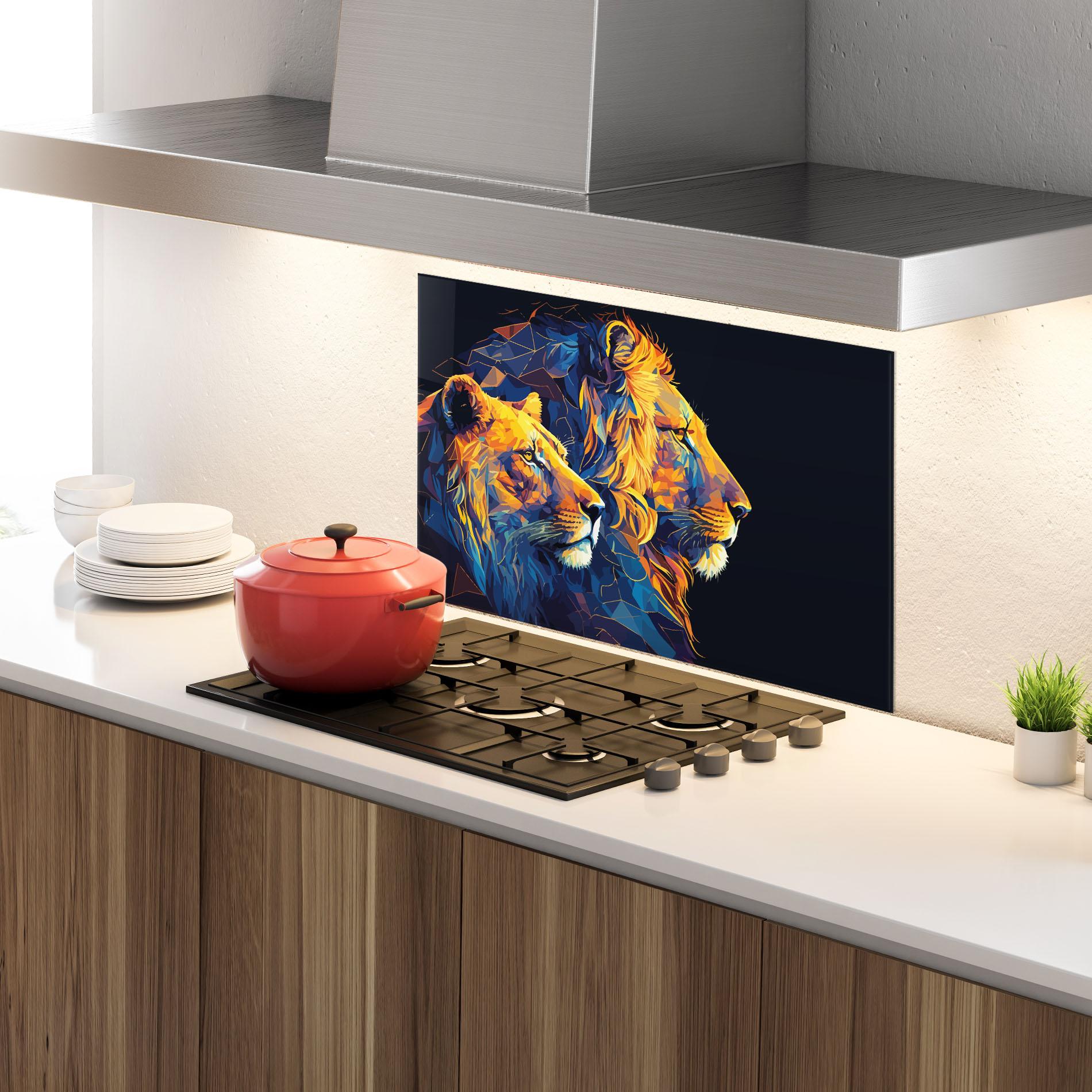 Küchenrückwand Glas Orange Blue Lion mockup 4