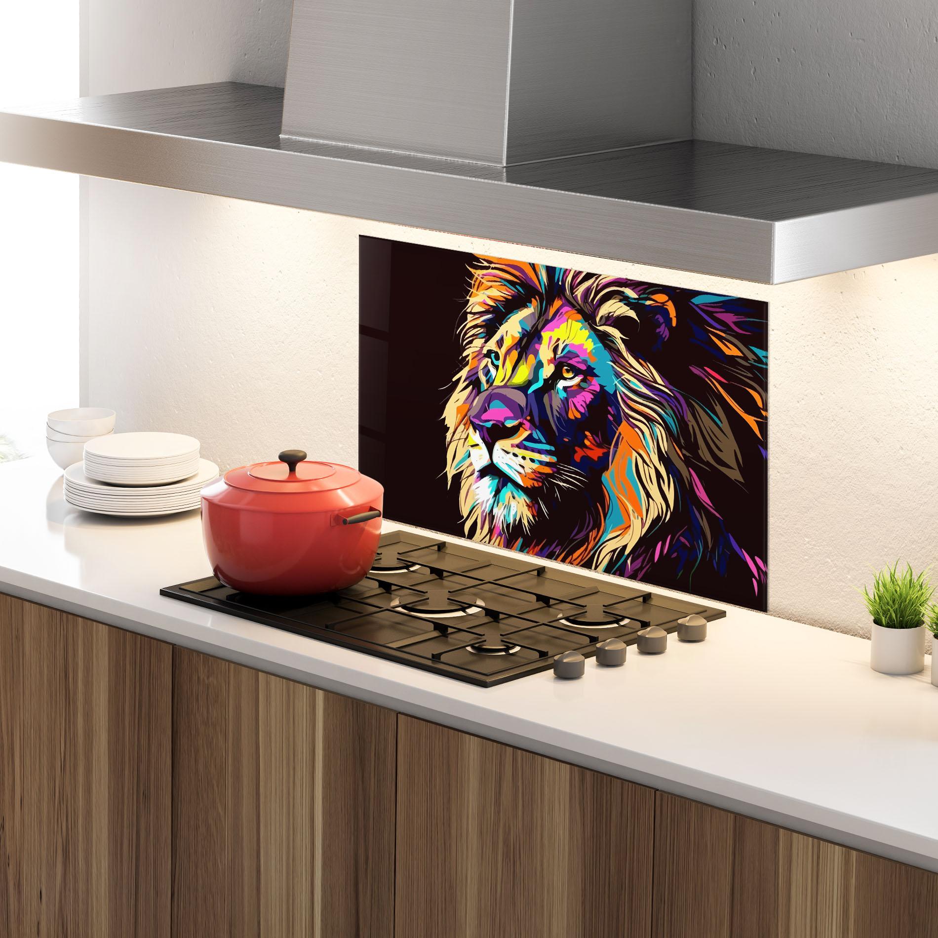 Küchenrückwand Glas Purple Orange Lion mockup 4