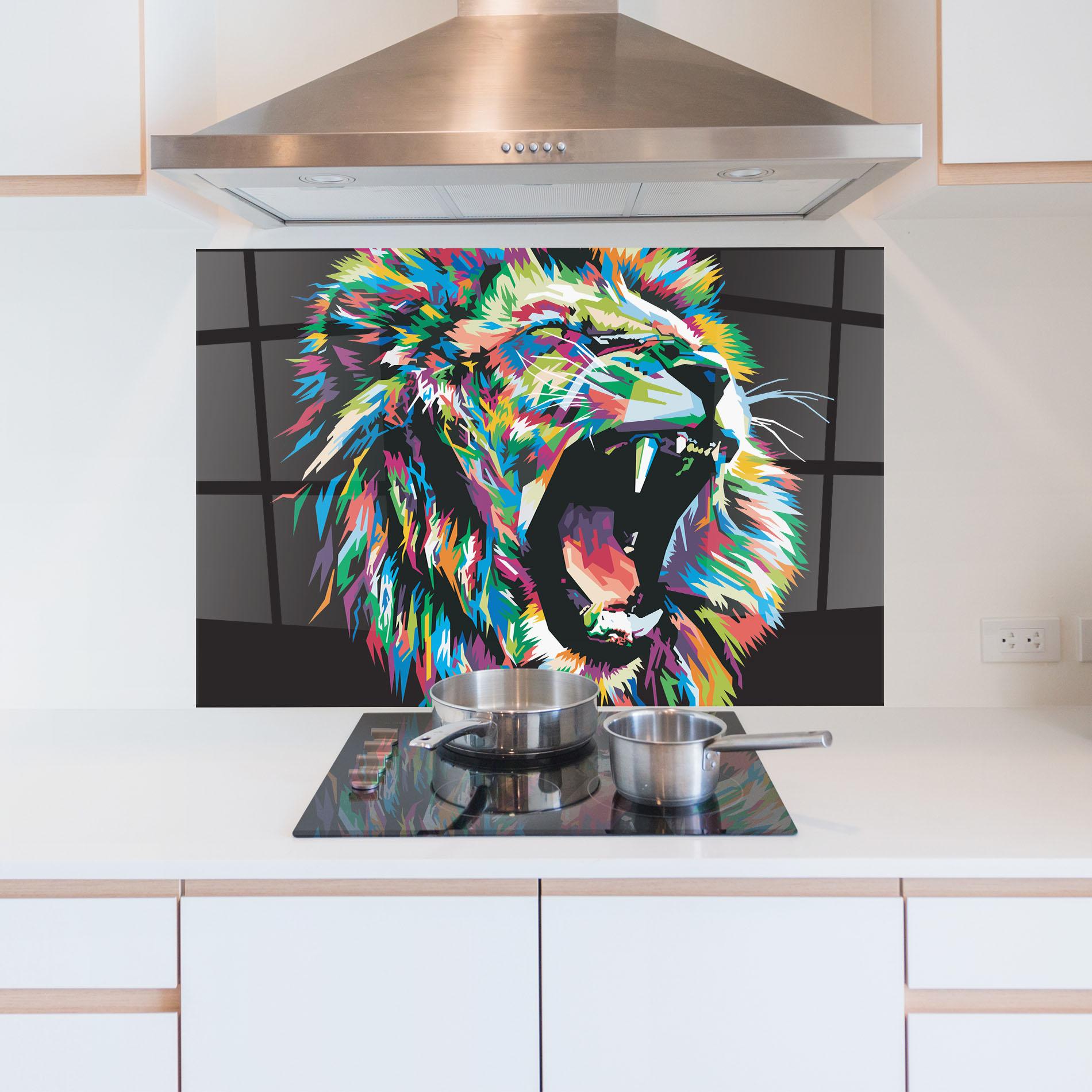 Küchenrückwand Glas Green Blue Lion mockup 5