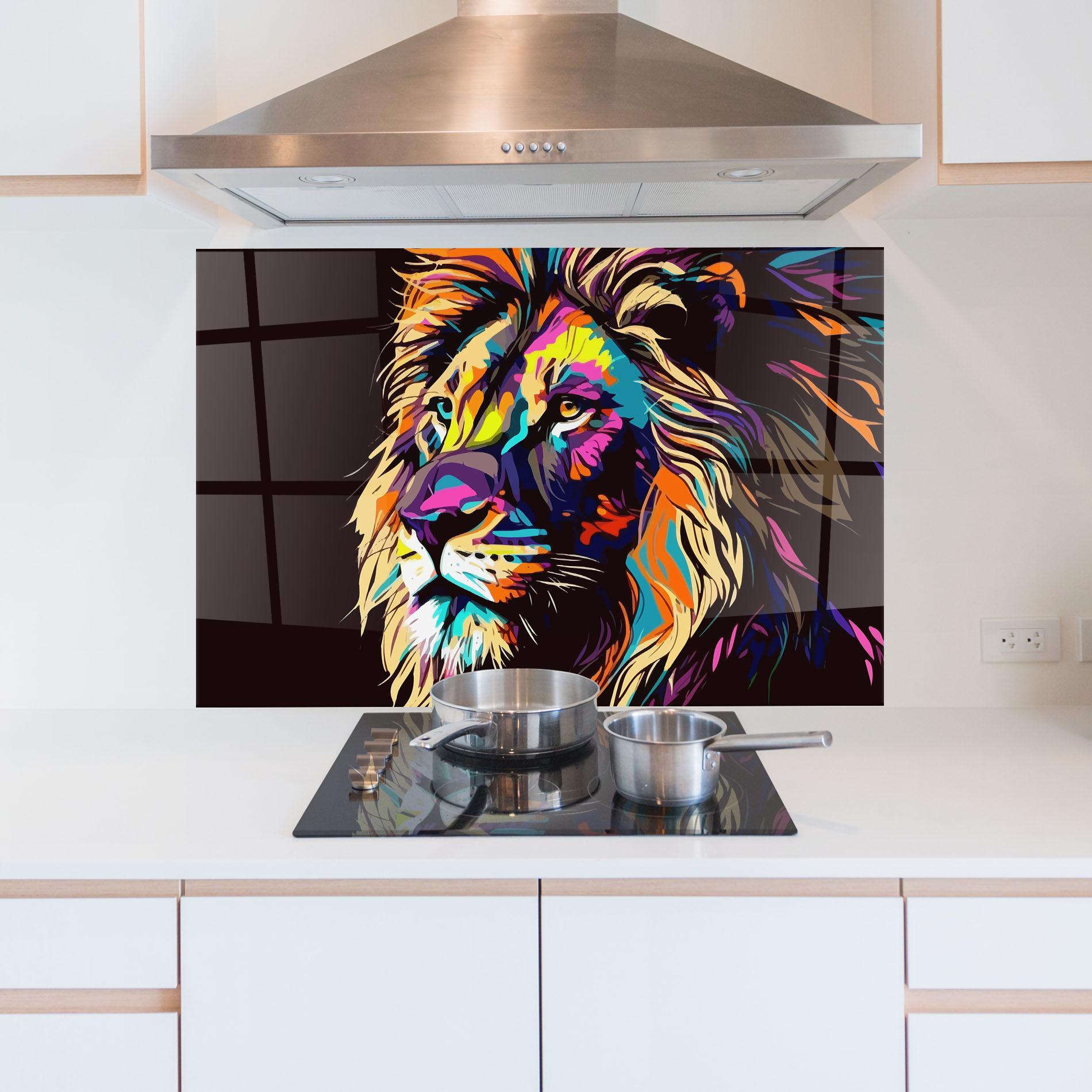 Küchenrückwand Glas Purple Orange Lion mockup 5