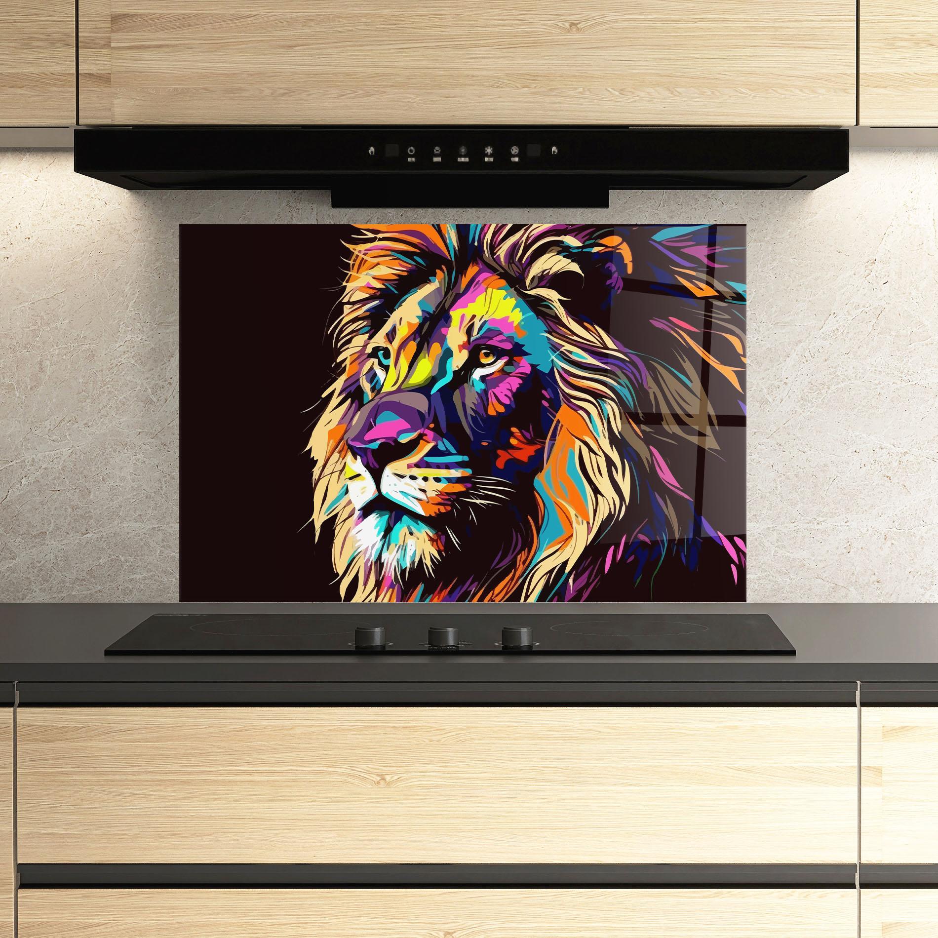 Küchenrückwand Glas Purple Orange Lion mockup 3