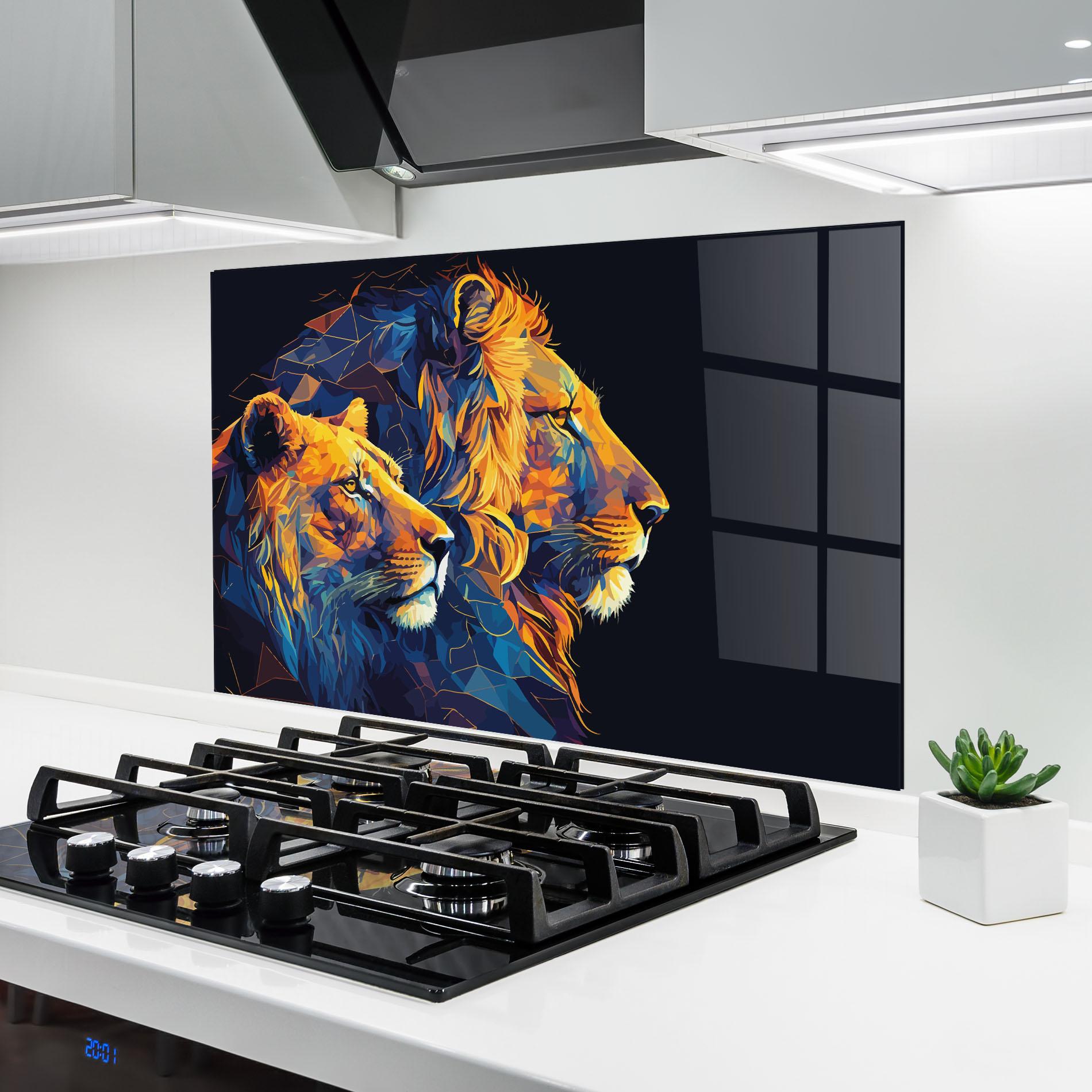 Küchenrückwand Glas Orange Blue Lion mockup 6
