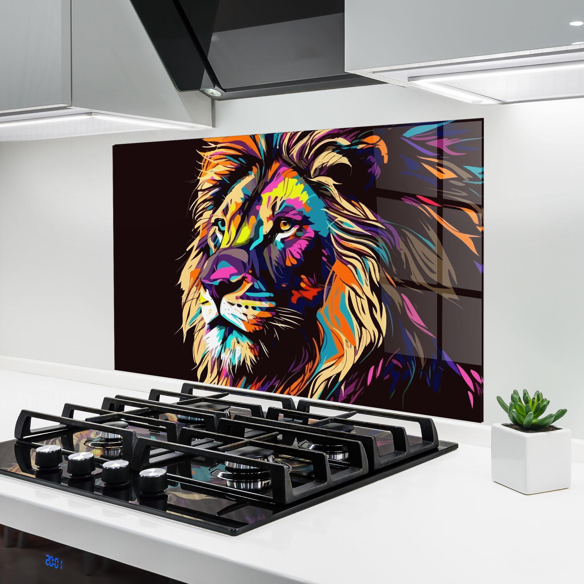 Küchenrückwand Glas Purple Orange Lion mockup 6