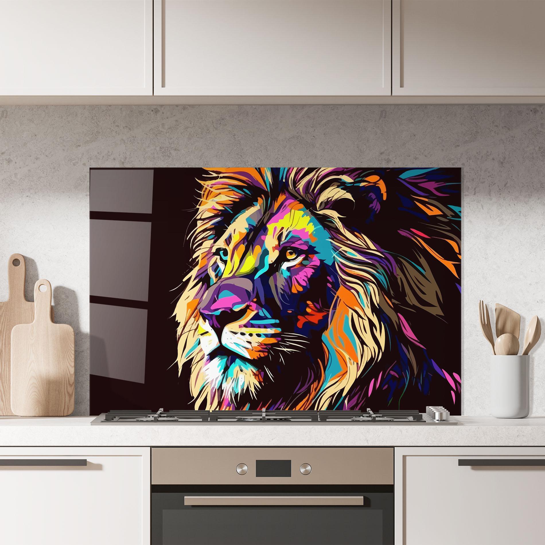Küchenrückwand Glas Purple Orange Lion mockup 7