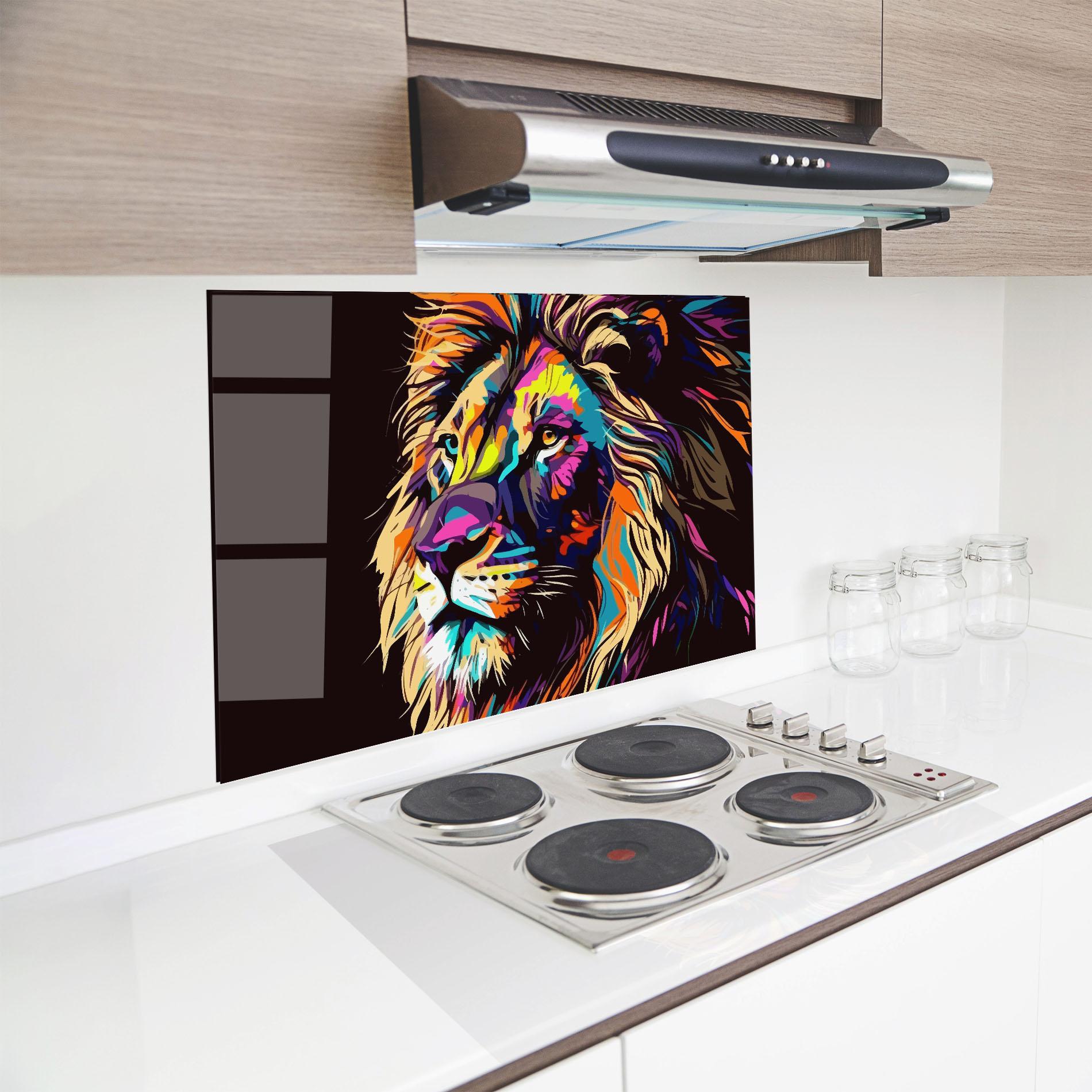 Küchenrückwand Glas Purple Orange Lion mockup 8