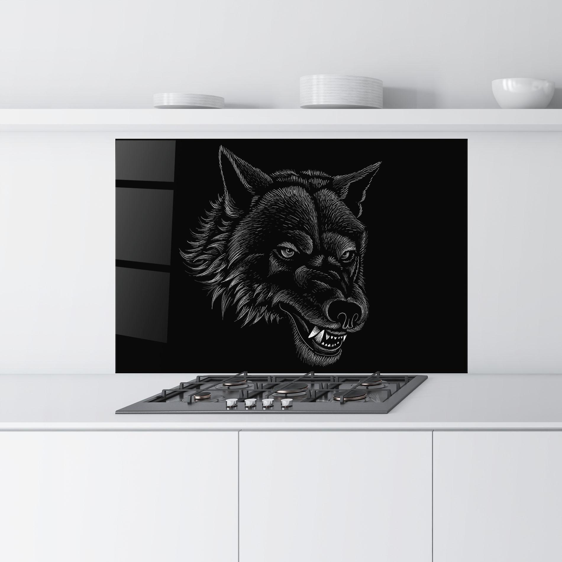 Küchenrückwand Glas Angry Wolf Face mockup 9