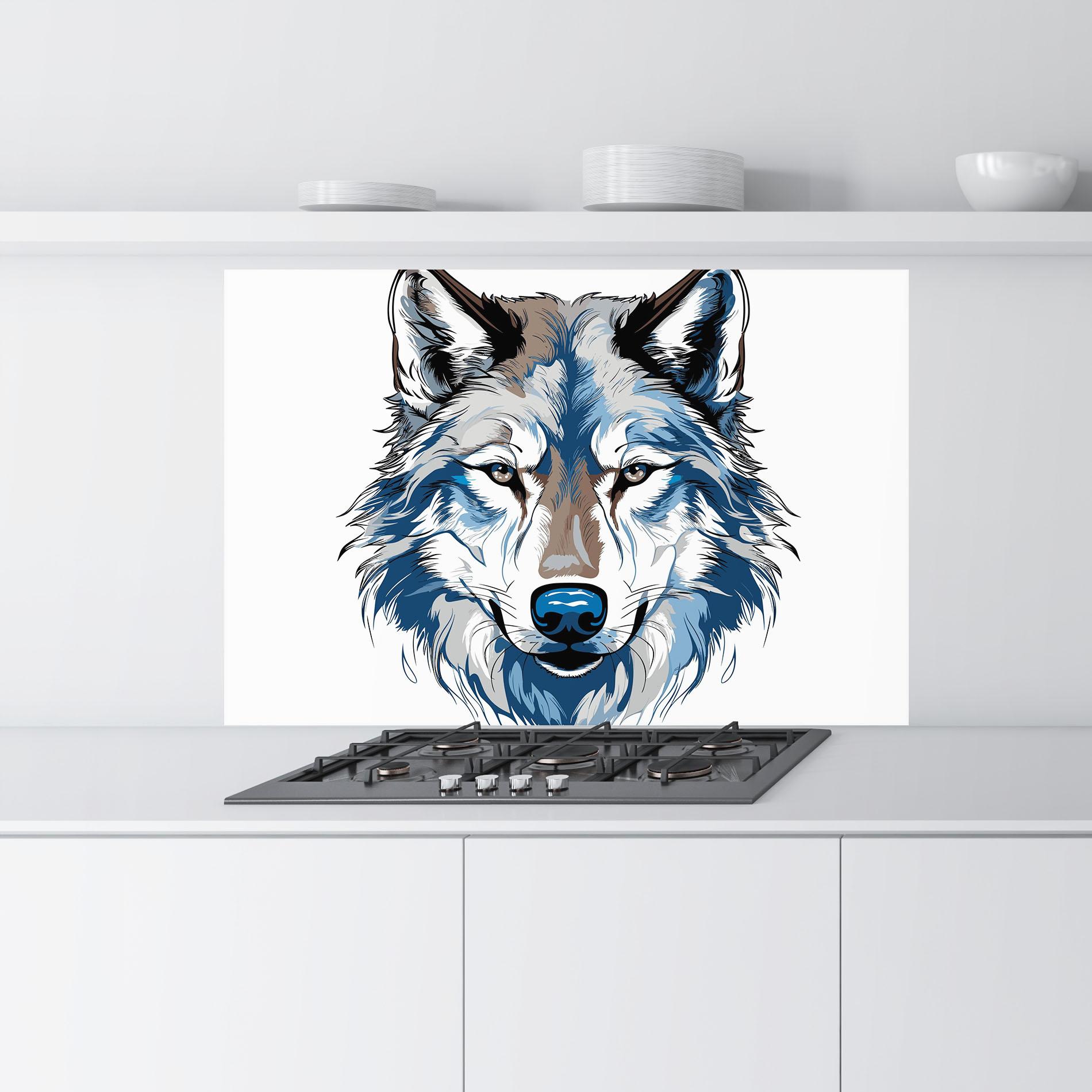 Küchenrückwand Glas Blue Wolf Head mockup 9