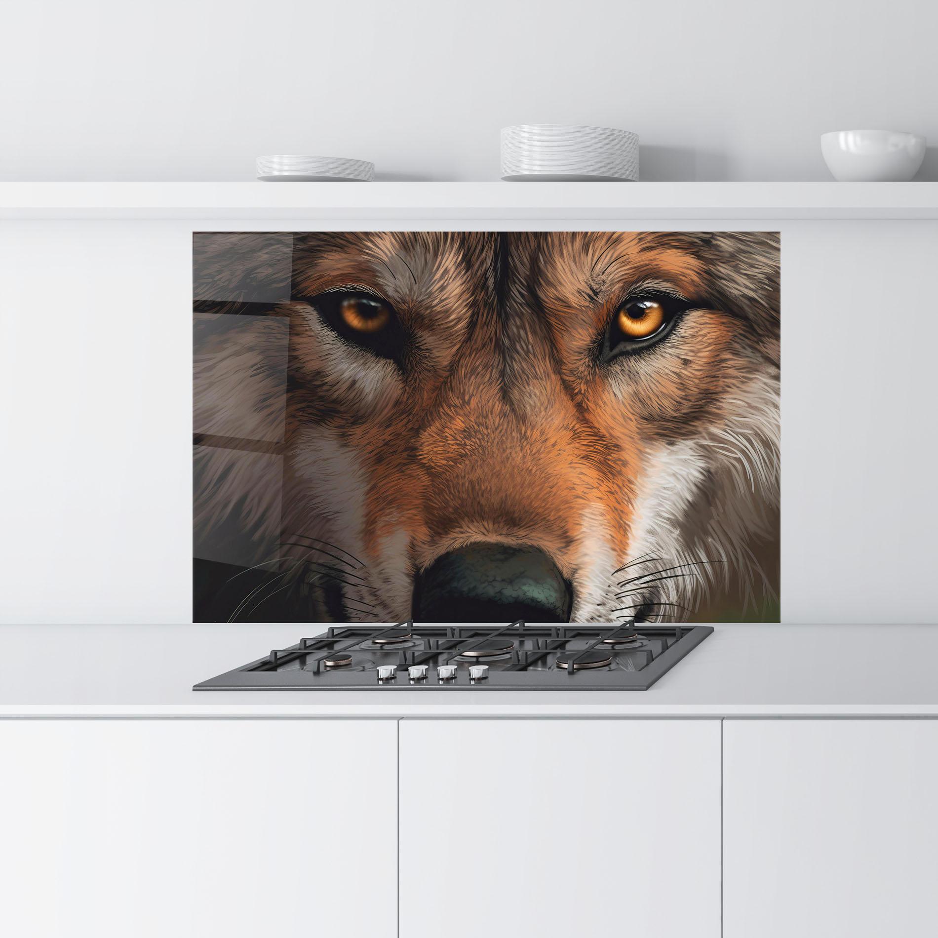 Küchenrückwand Glas Close Up Wolf Eyes mockup 9