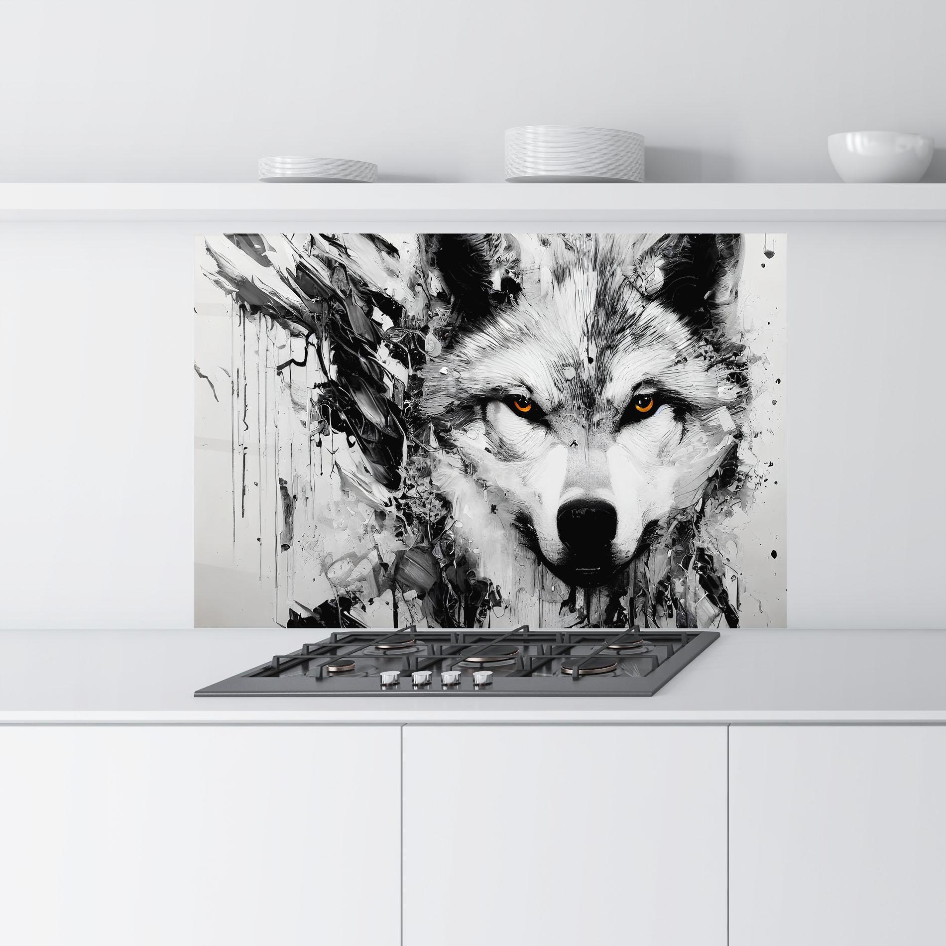Küchenrückwand Glas Grey Wolf Portrait mockup 9