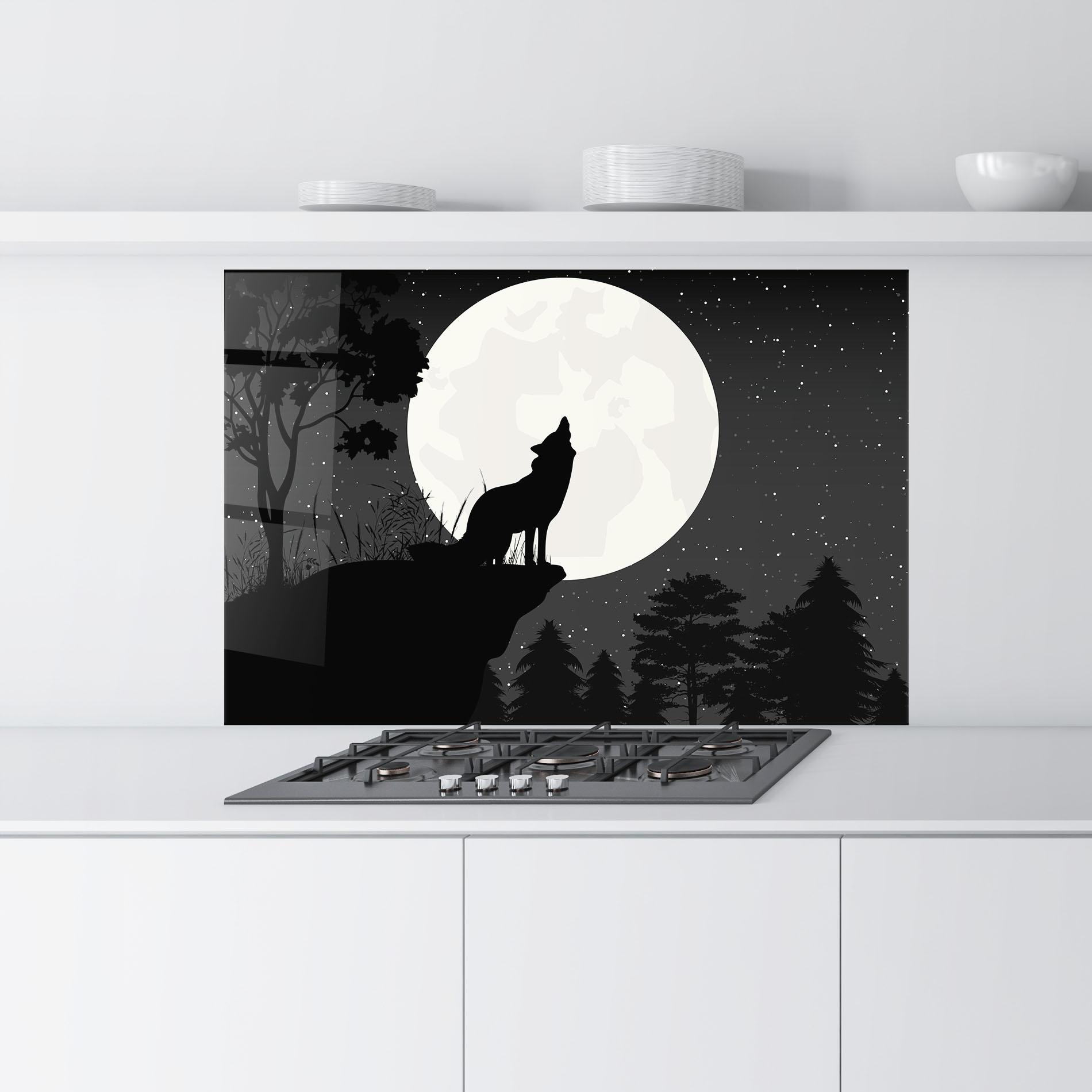Küchenrückwand Glas Moon Wolf Silhouette mockup 9