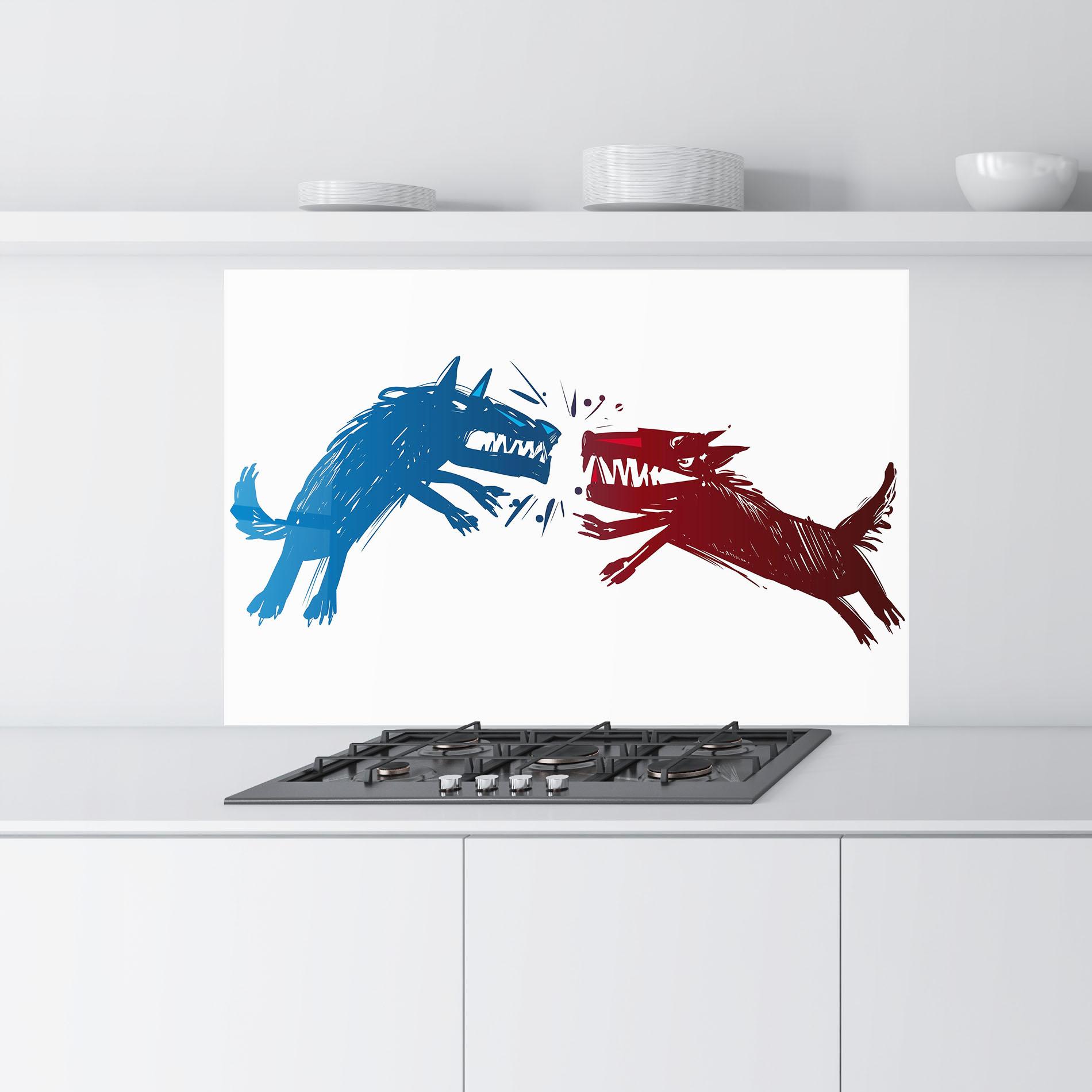 Küchenrückwand Glas Red Blue Wolves mockup 9