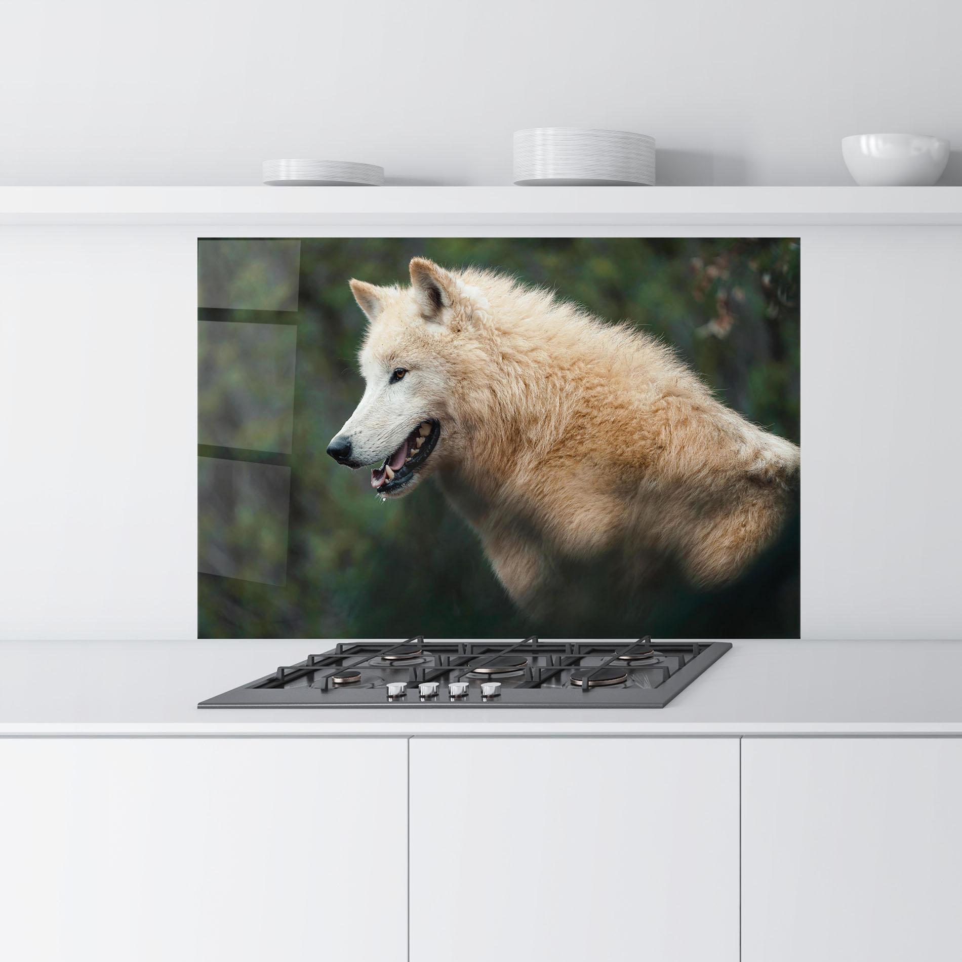 Küchenrückwand Glas White Alpha Wolf mockup 9