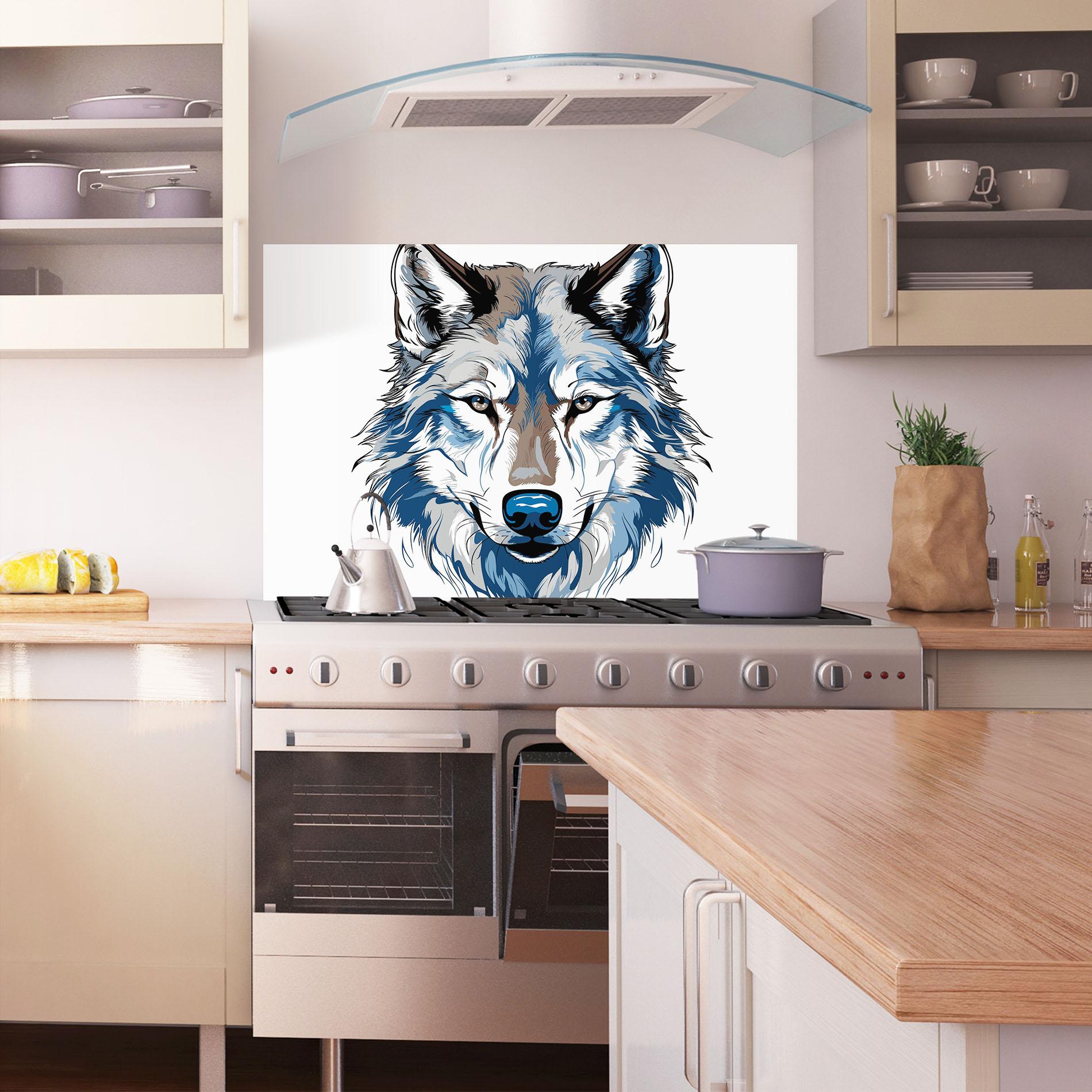 Küchenrückwand Glas Blue Wolf Head mockup 1