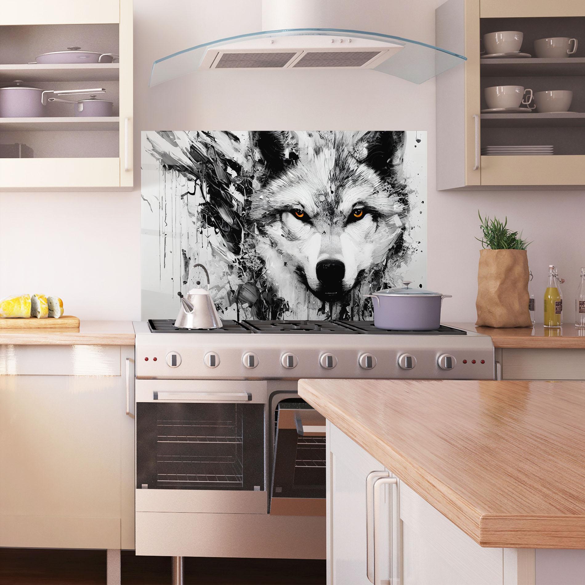 Küchenrückwand Glas Grey Wolf Portrait mockup 1