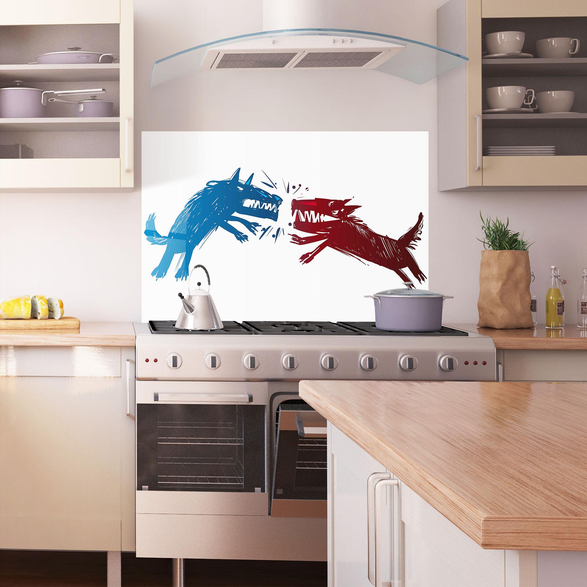 Küchenrückwand Glas Red Blue Wolves mockup 1