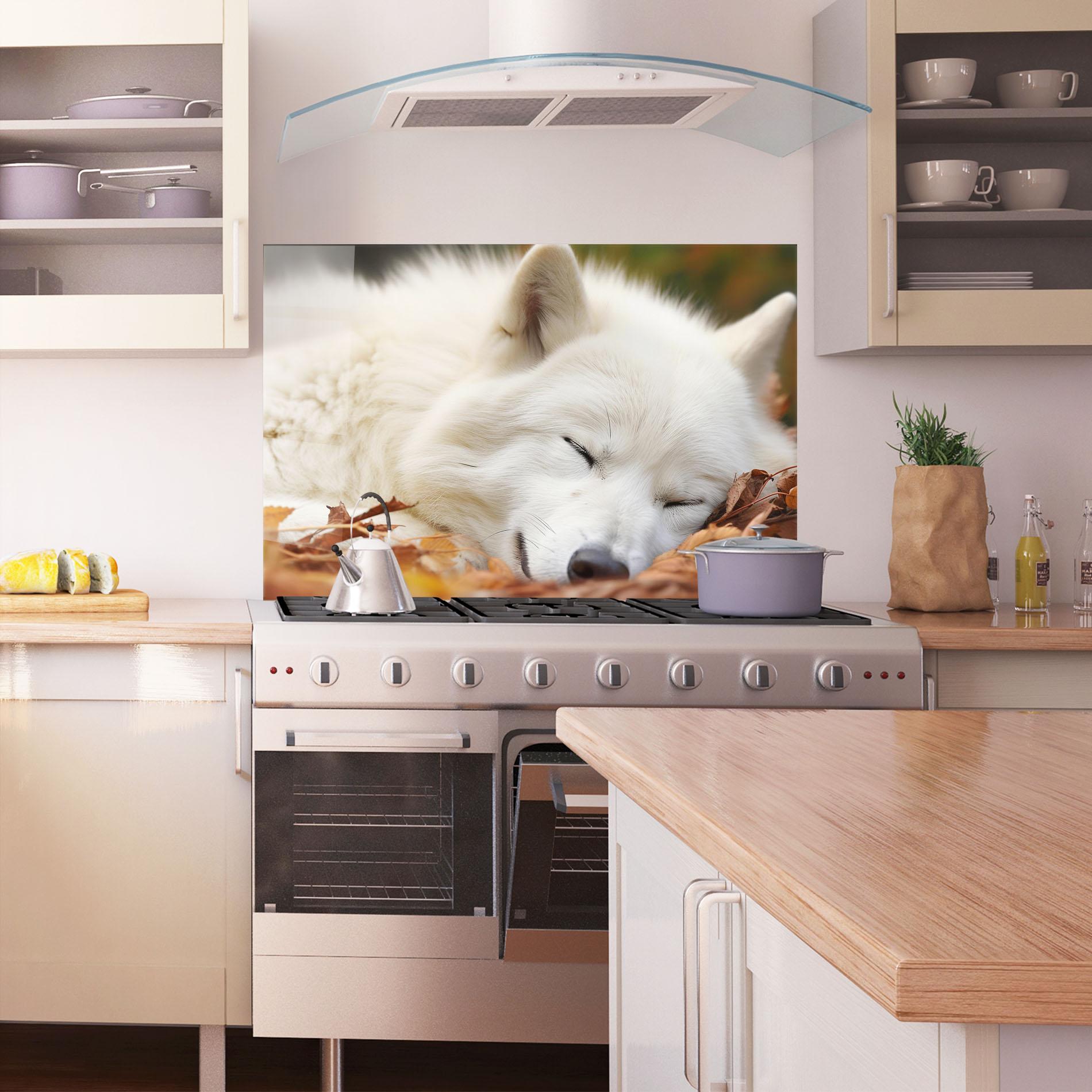 Küchenrückwand Glas White Wolf Sleeping mockup 1