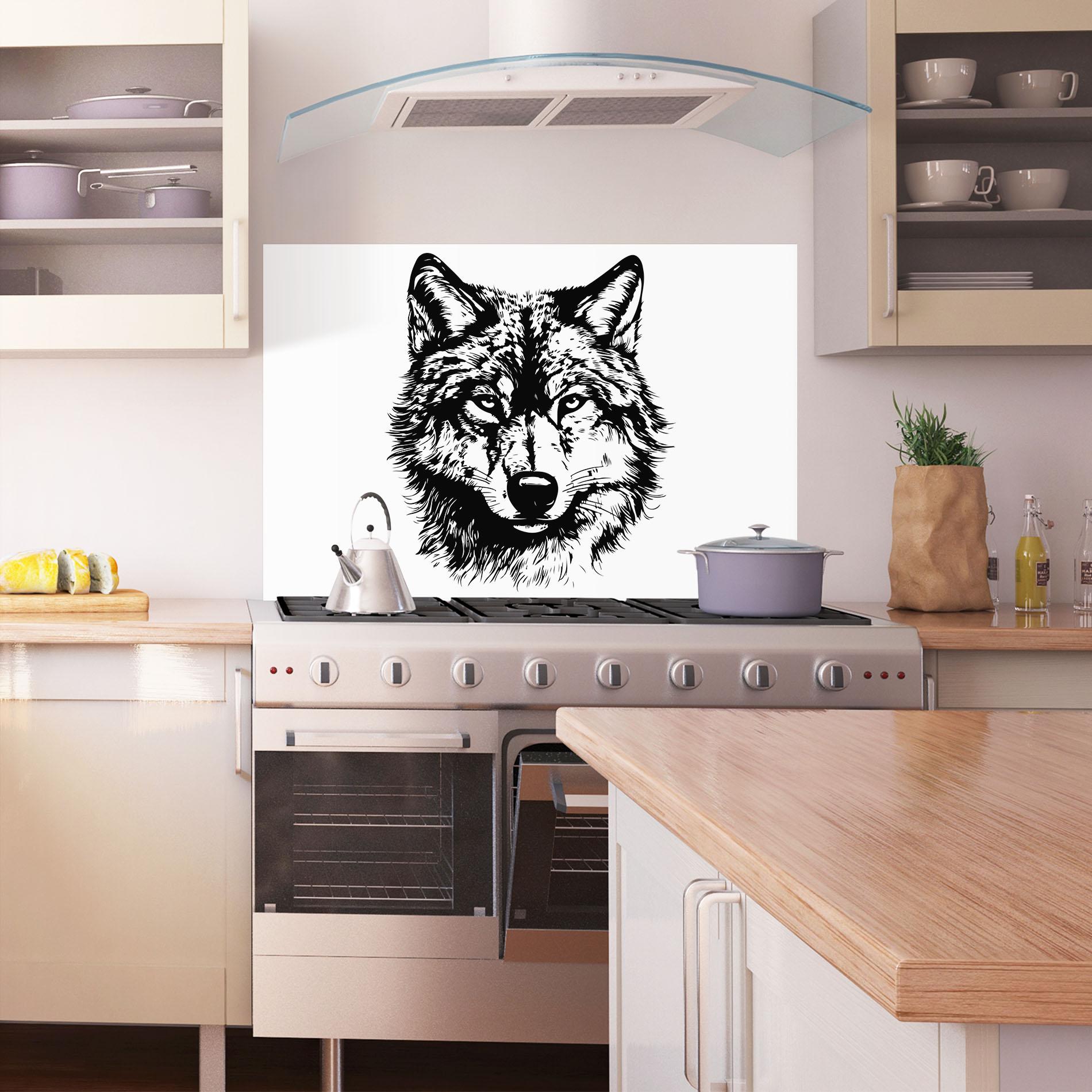 Küchenrückwand Glas Wolf Head Shilouette mockup 1
