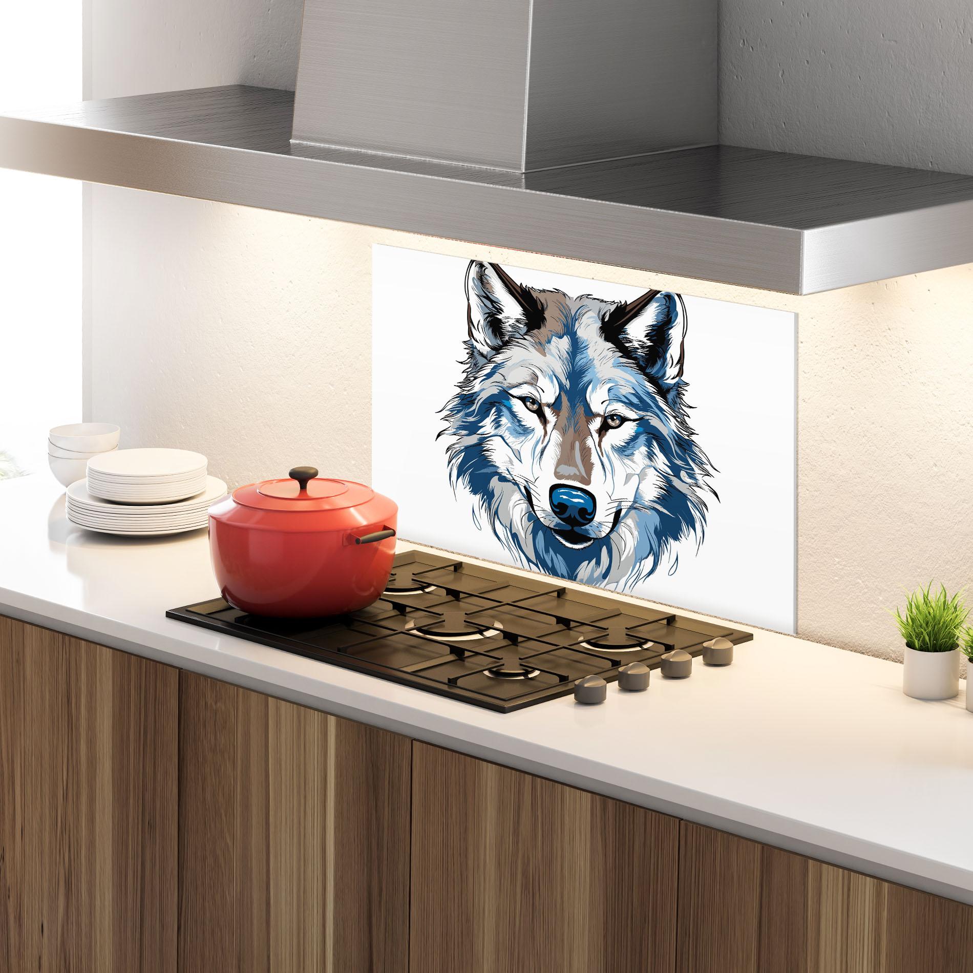 Küchenrückwand Glas Blue Wolf Head mockup 4