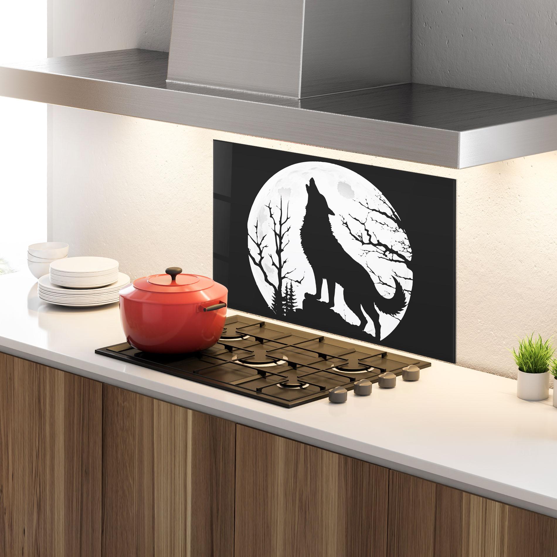 Küchenrückwand Glas Full Moon Wolf mockup 4