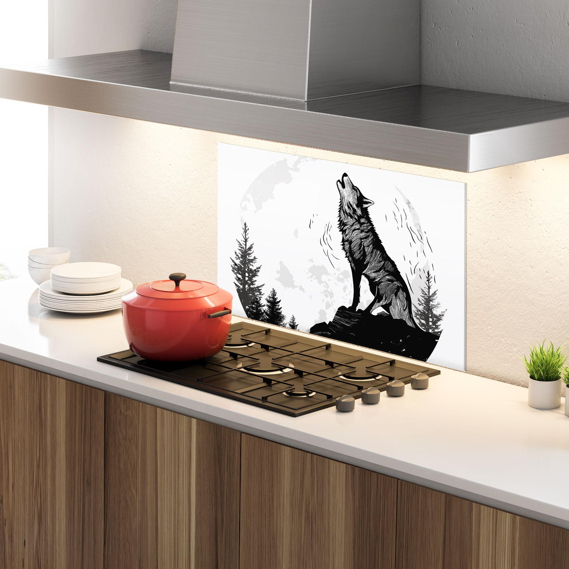 Küchenrückwand Glas Grey Moon Wolf mockup 4