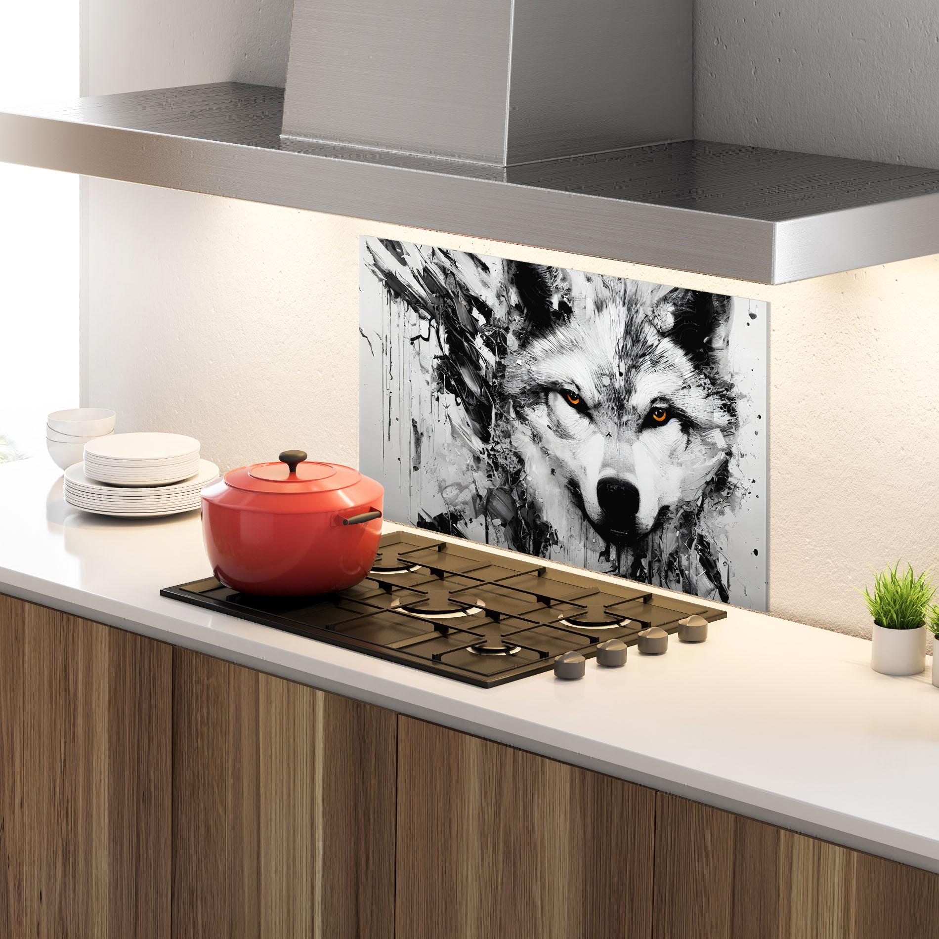 Küchenrückwand Glas Grey Wolf Portrait mockup 4