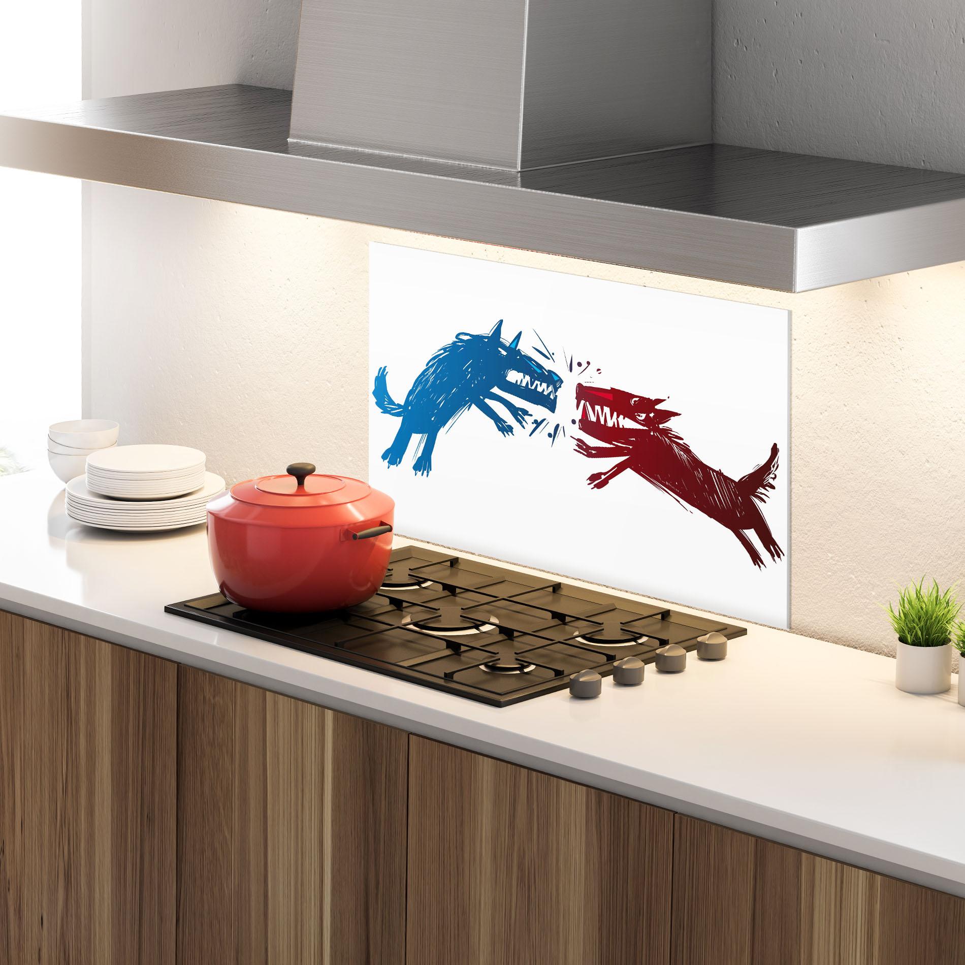 Küchenrückwand Glas Red Blue Wolves mockup 4