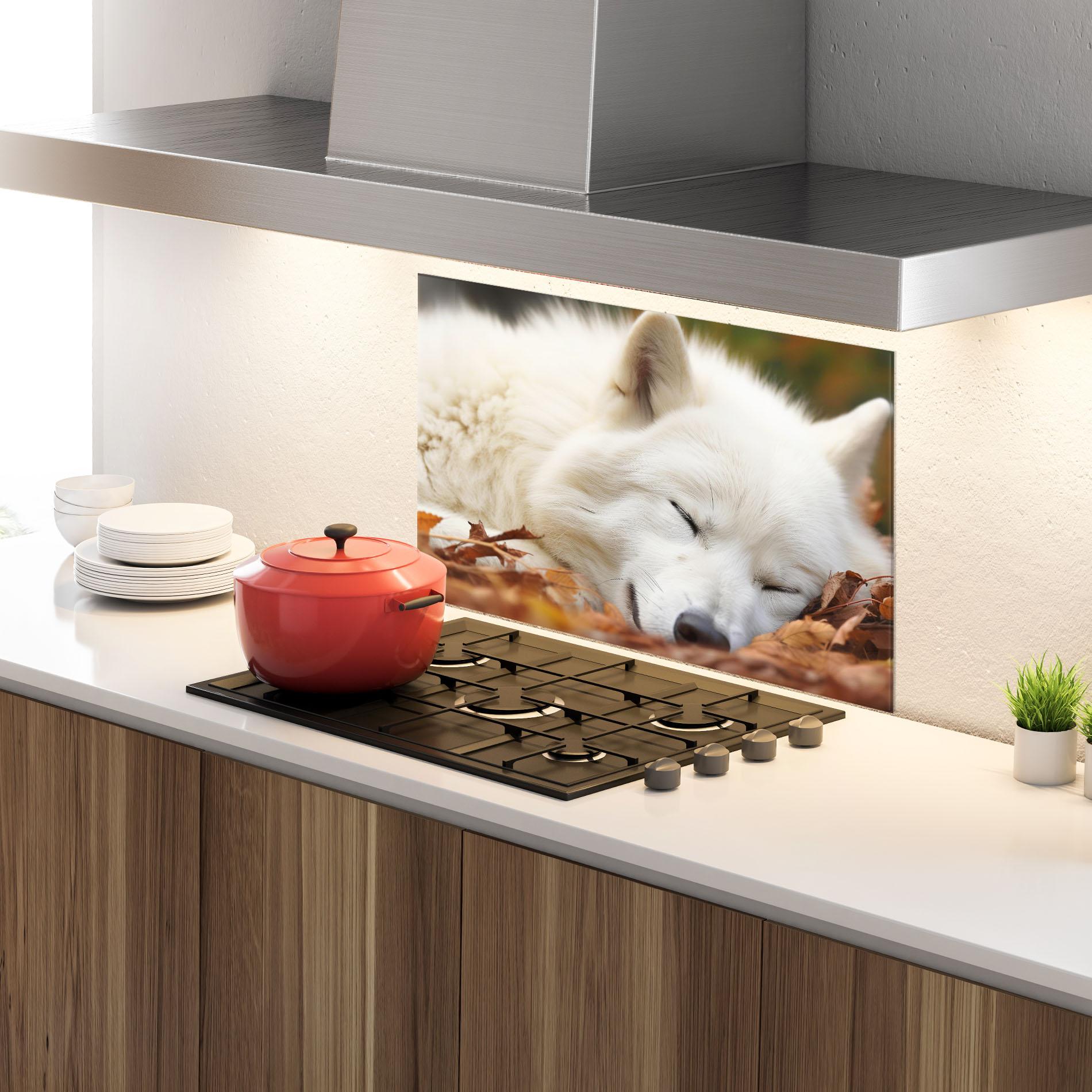 Küchenrückwand Glas White Wolf Sleeping mockup 4