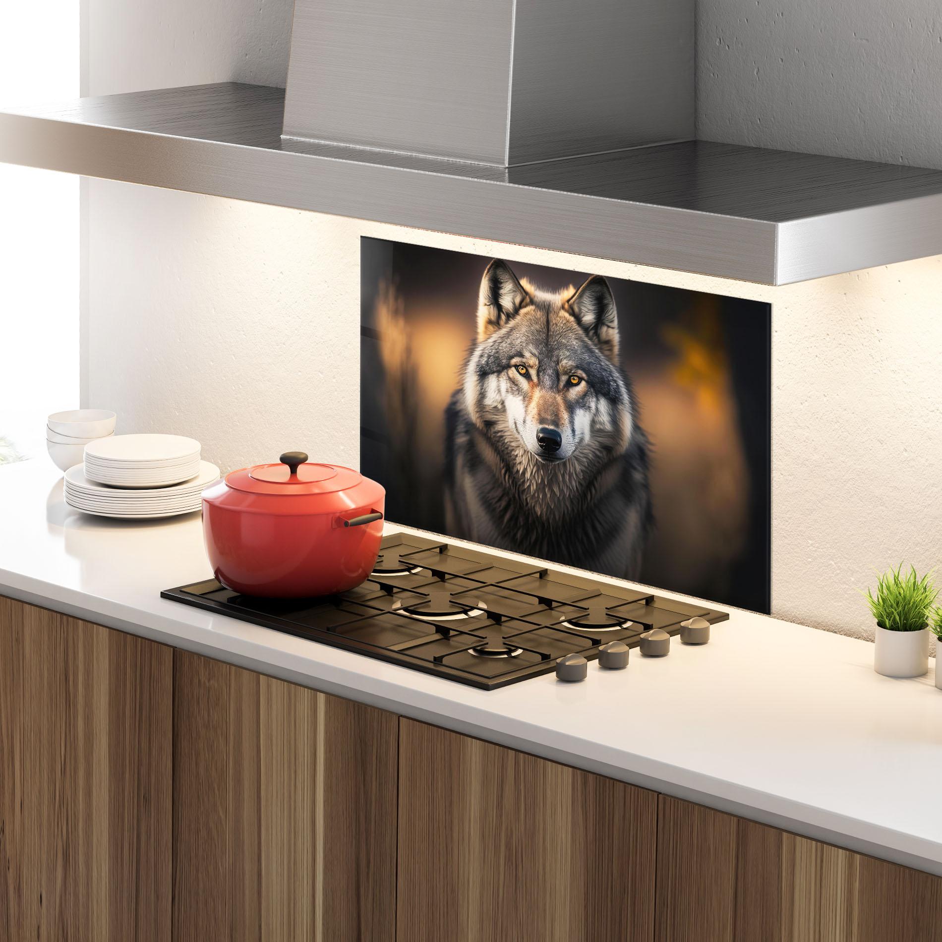 Küchenrückwand Glas Wild Gray Wolf mockup 4