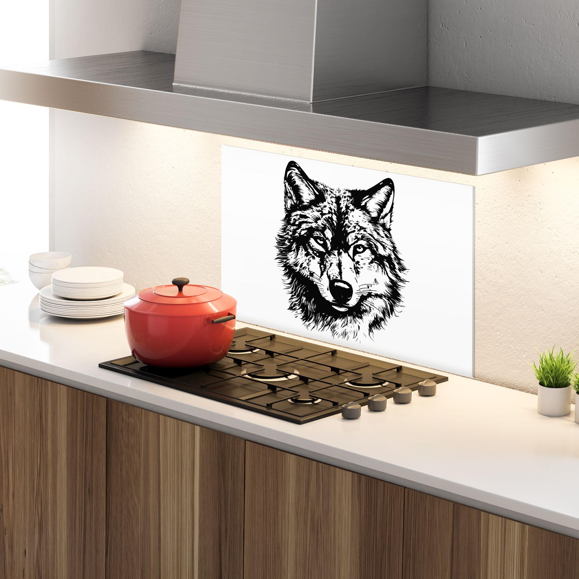 Küchenrückwand Glas Wolf Head Shilouette mockup 4