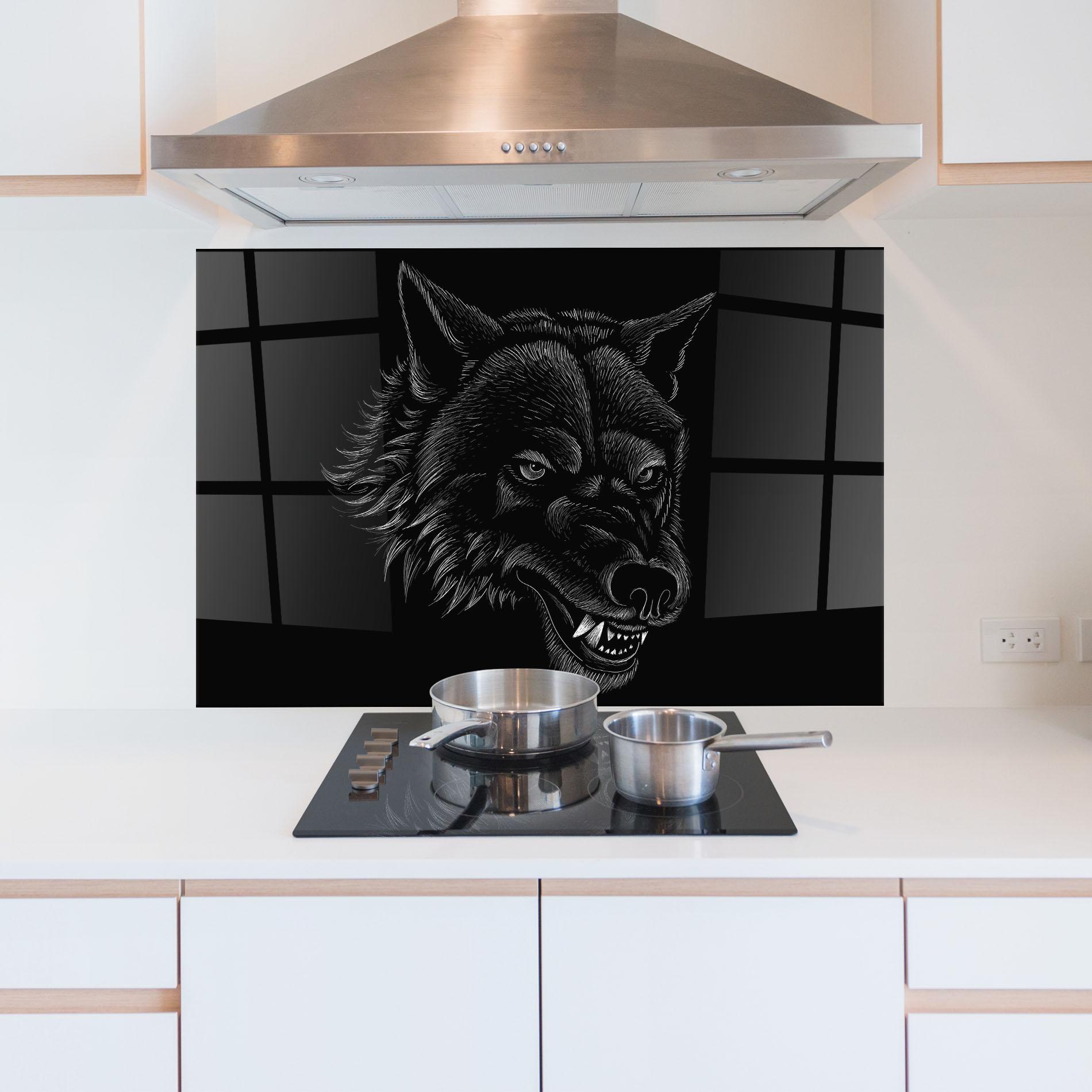 Küchenrückwand Glas Angry Wolf Face mockup 5