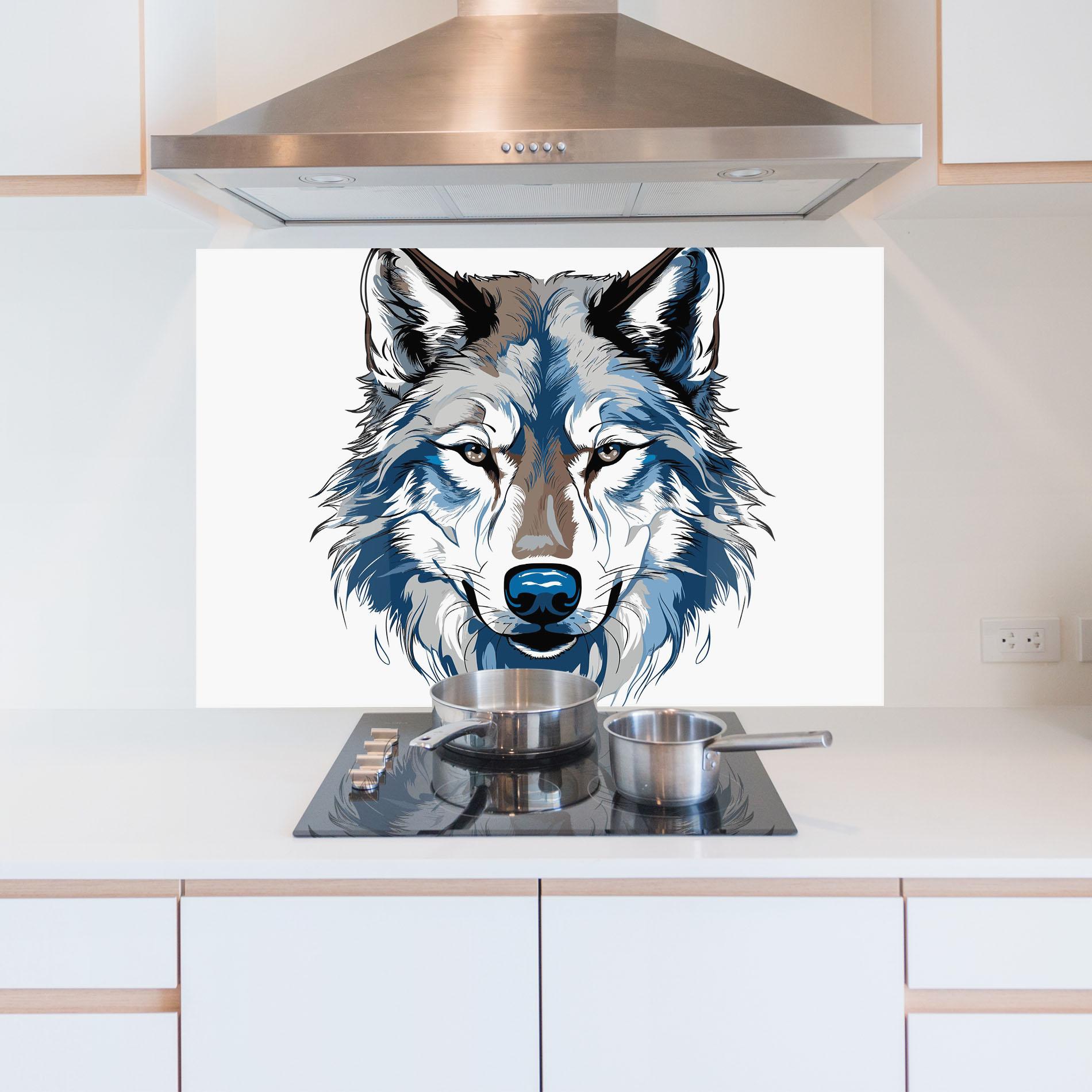 Küchenrückwand Glas Blue Wolf Head mockup 5