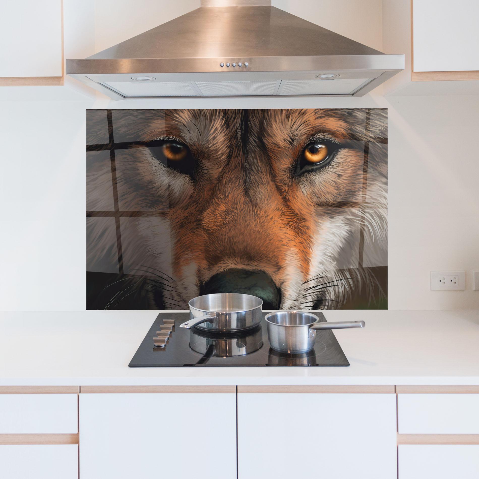 Küchenrückwand Glas Close Up Wolf Eyes mockup 5