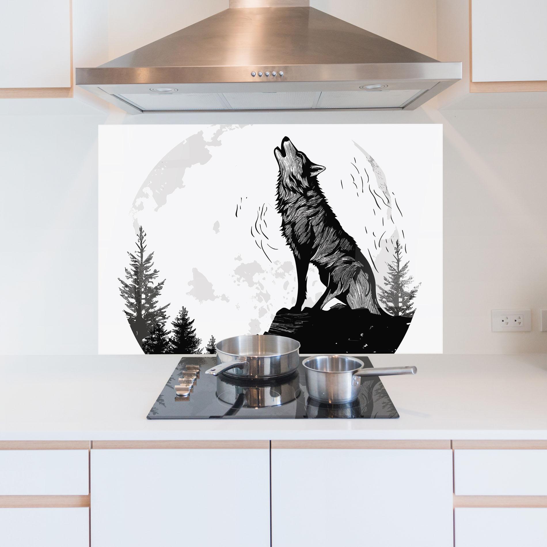 Küchenrückwand Glas Grey Moon Wolf mockup 5