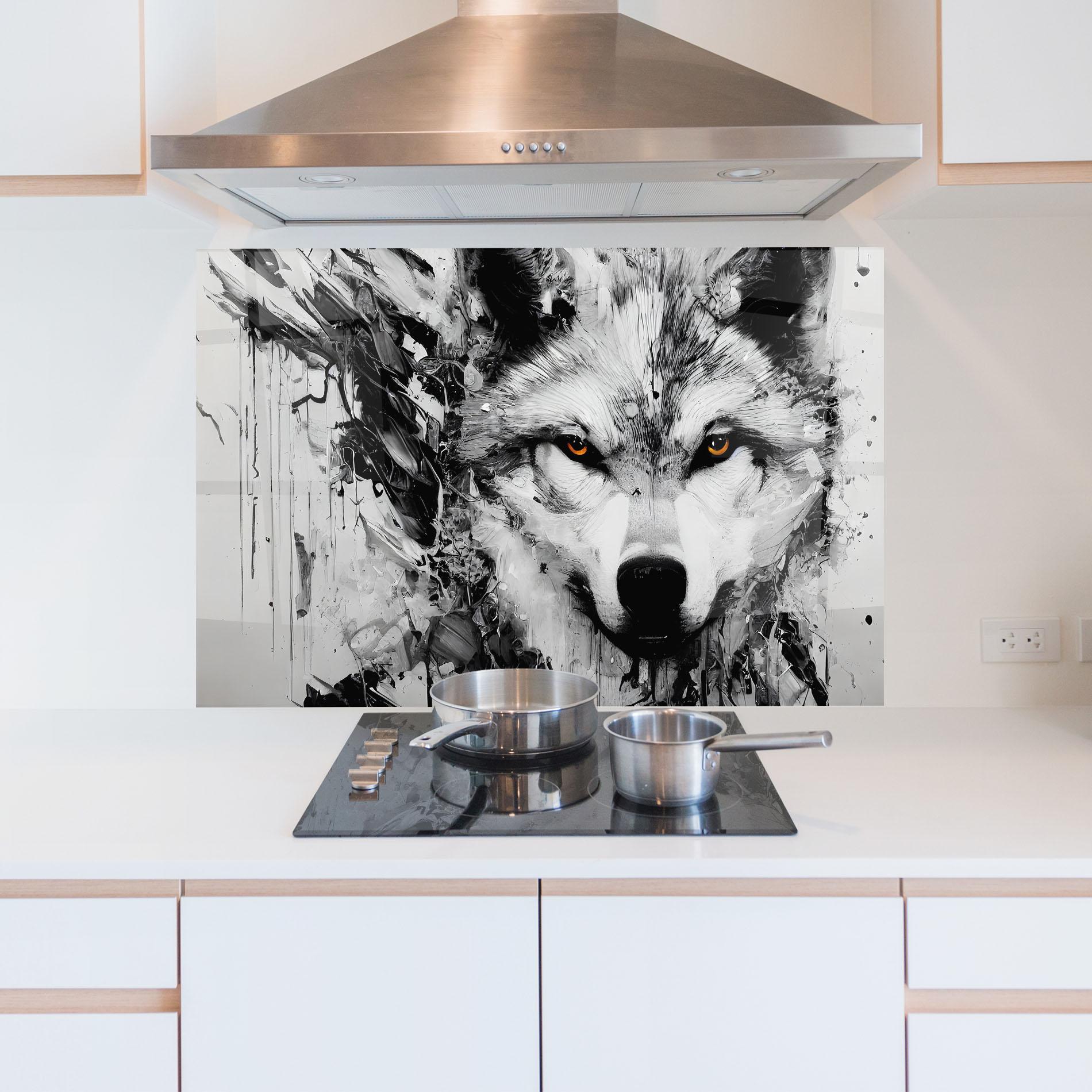 Küchenrückwand Glas Grey Wolf Portrait mockup 5