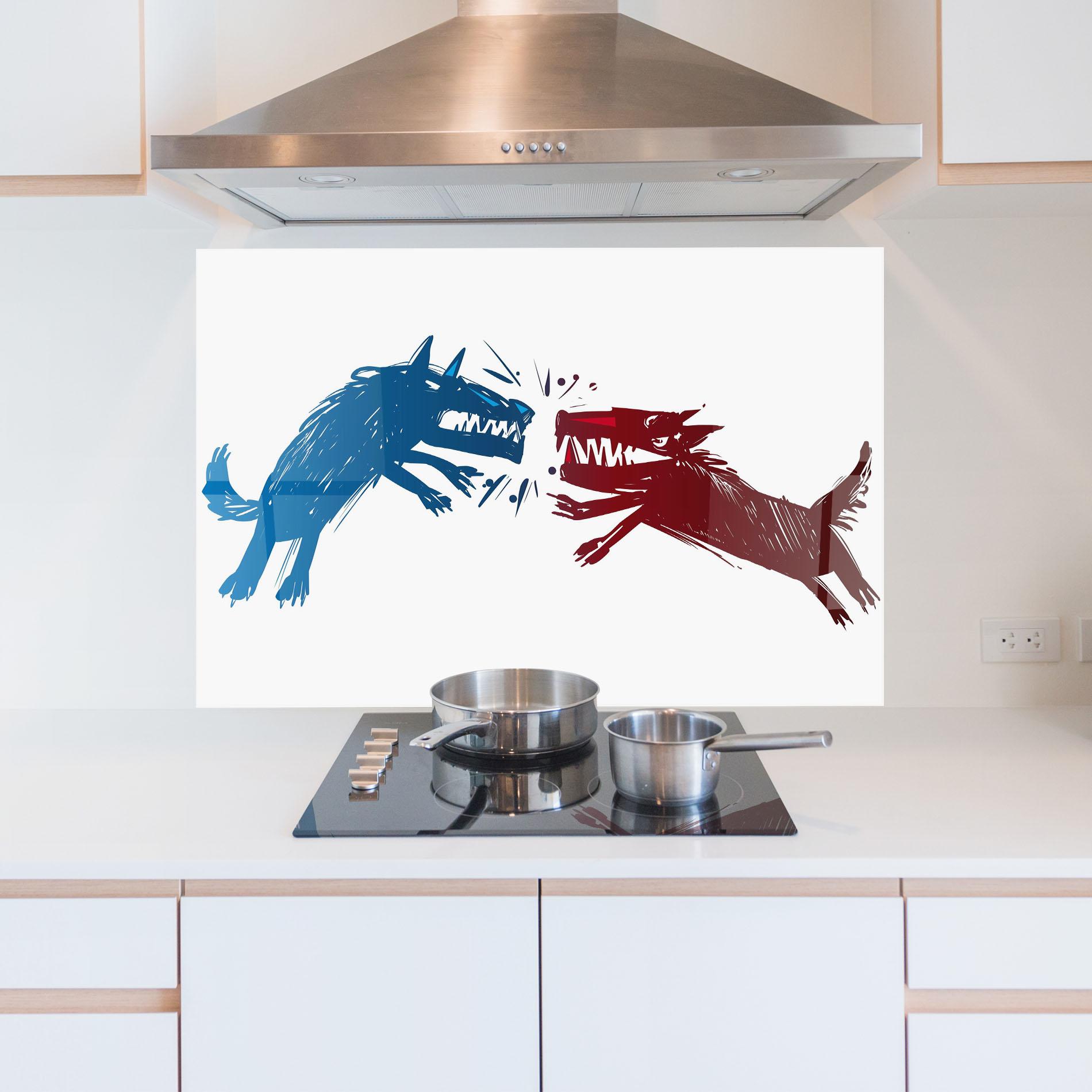 Küchenrückwand Glas Red Blue Wolves mockup 5