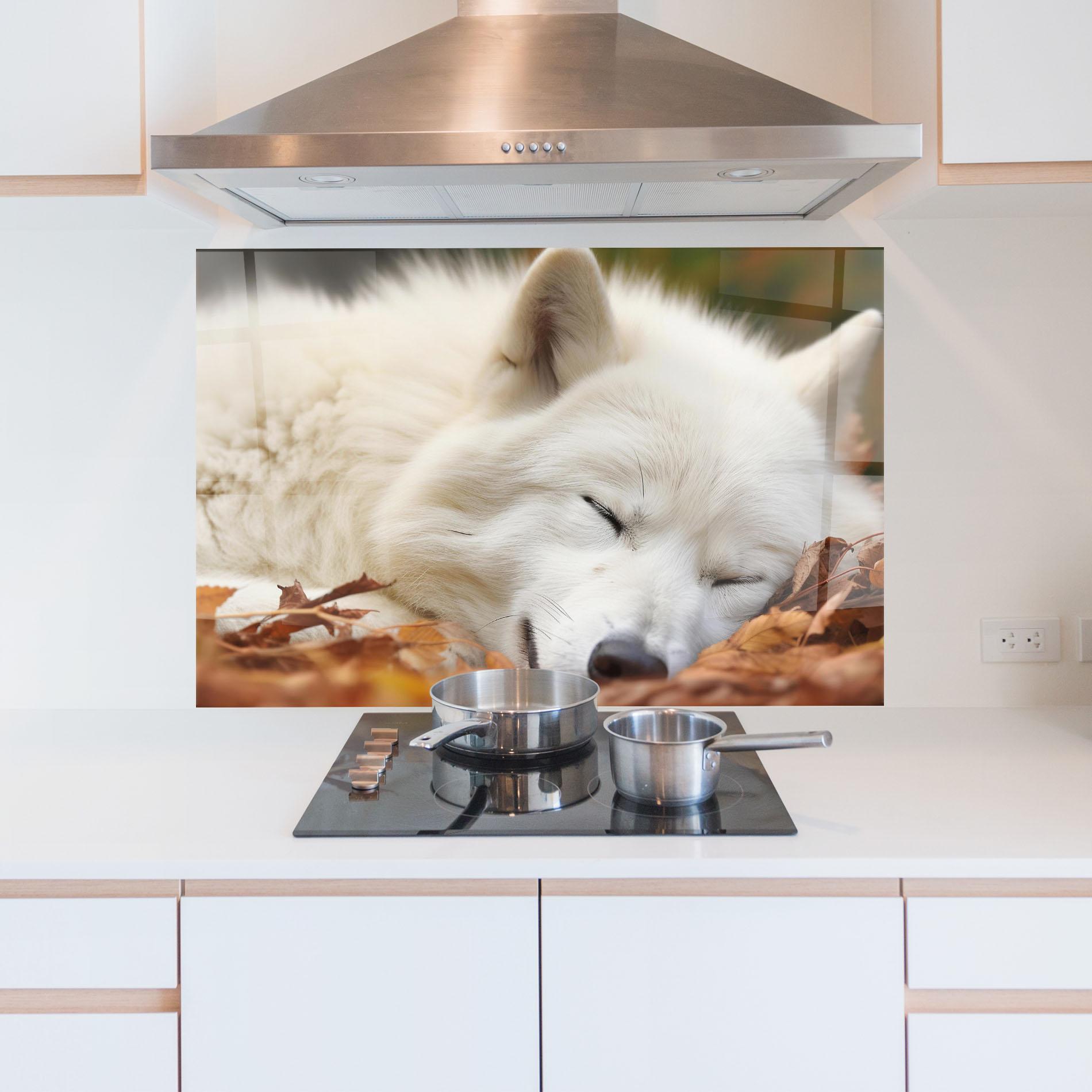 Küchenrückwand Glas White Wolf Sleeping mockup 5
