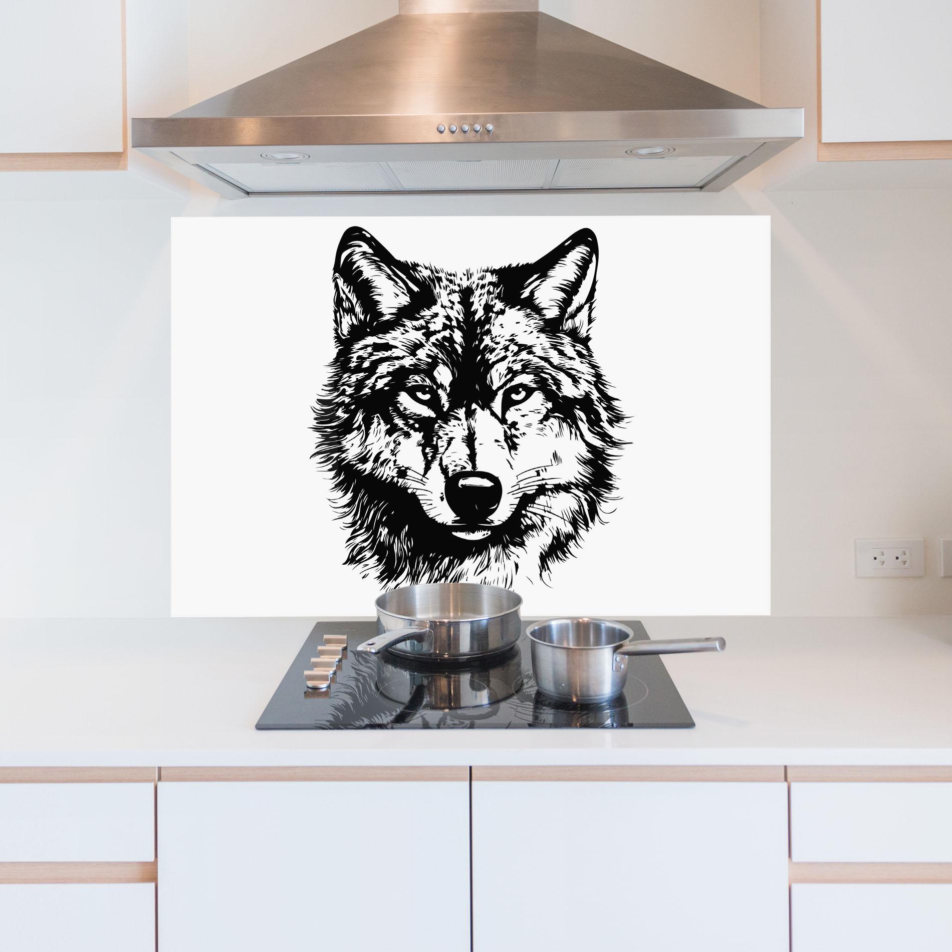 Küchenrückwand Glas Wolf Head Shilouette mockup 5