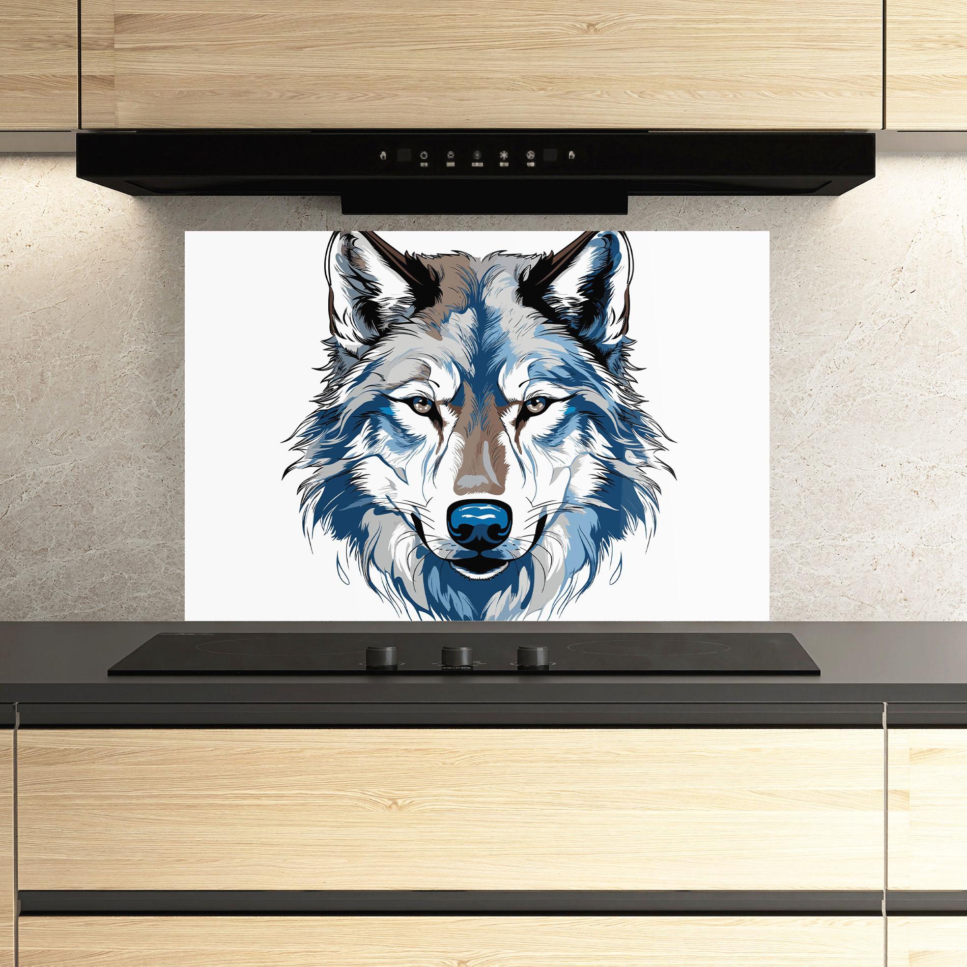 Küchenrückwand Glas Blue Wolf Head mockup 3