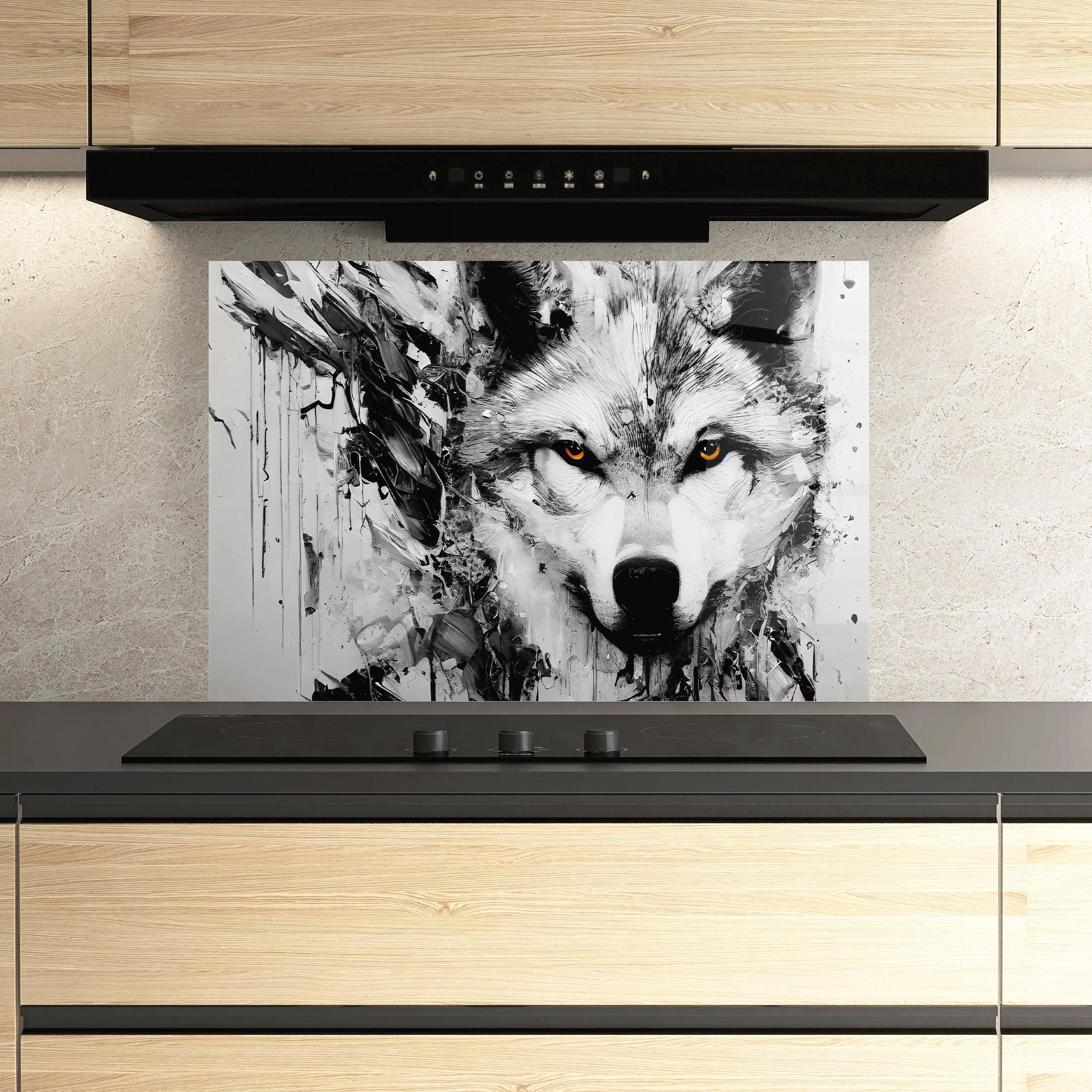Küchenrückwand Glas Grey Wolf Portrait mockup 3