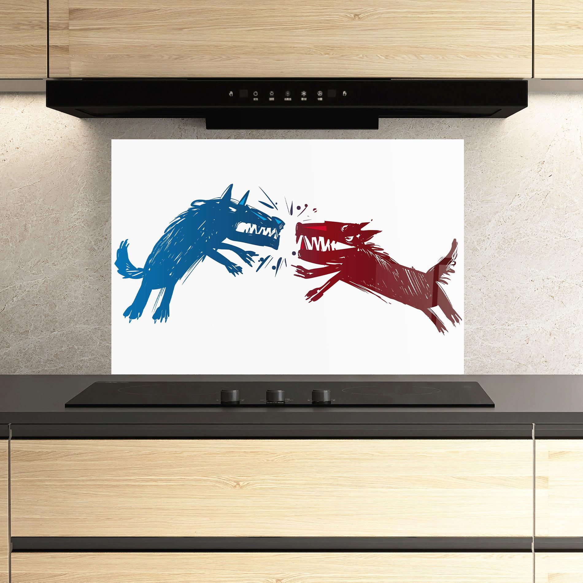 Küchenrückwand Glas Red Blue Wolves mockup 3