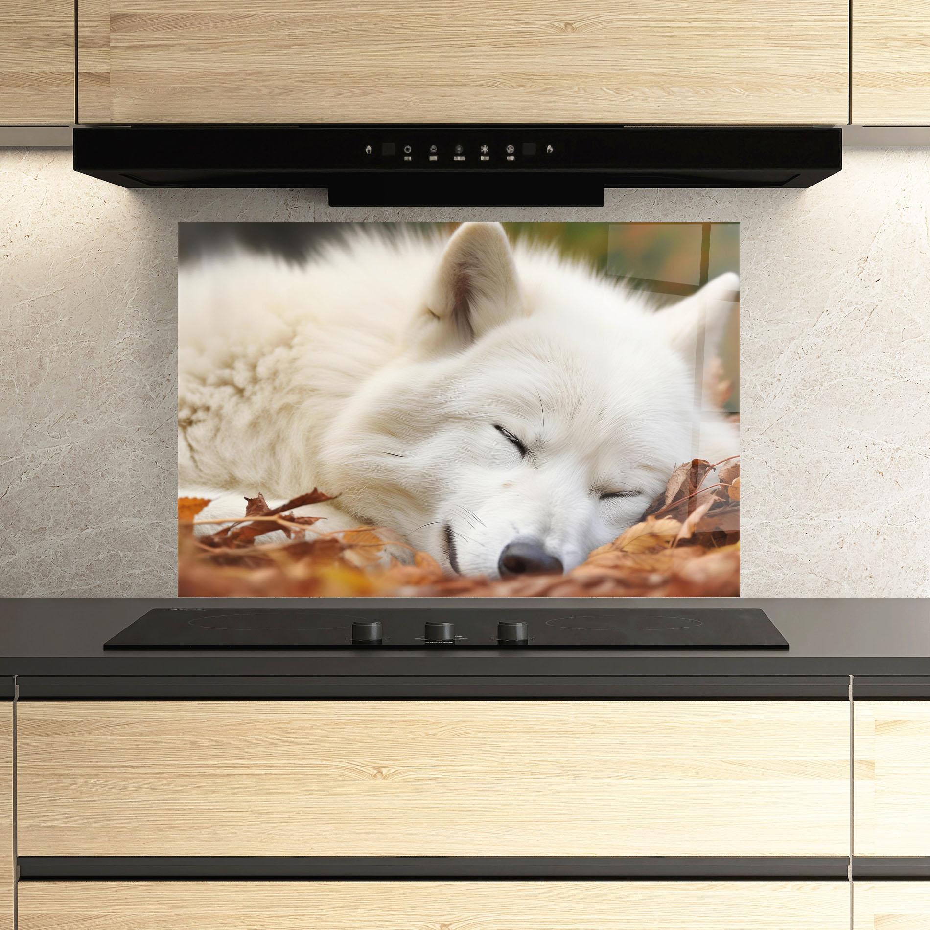 Küchenrückwand Glas White Wolf Sleeping mockup 3