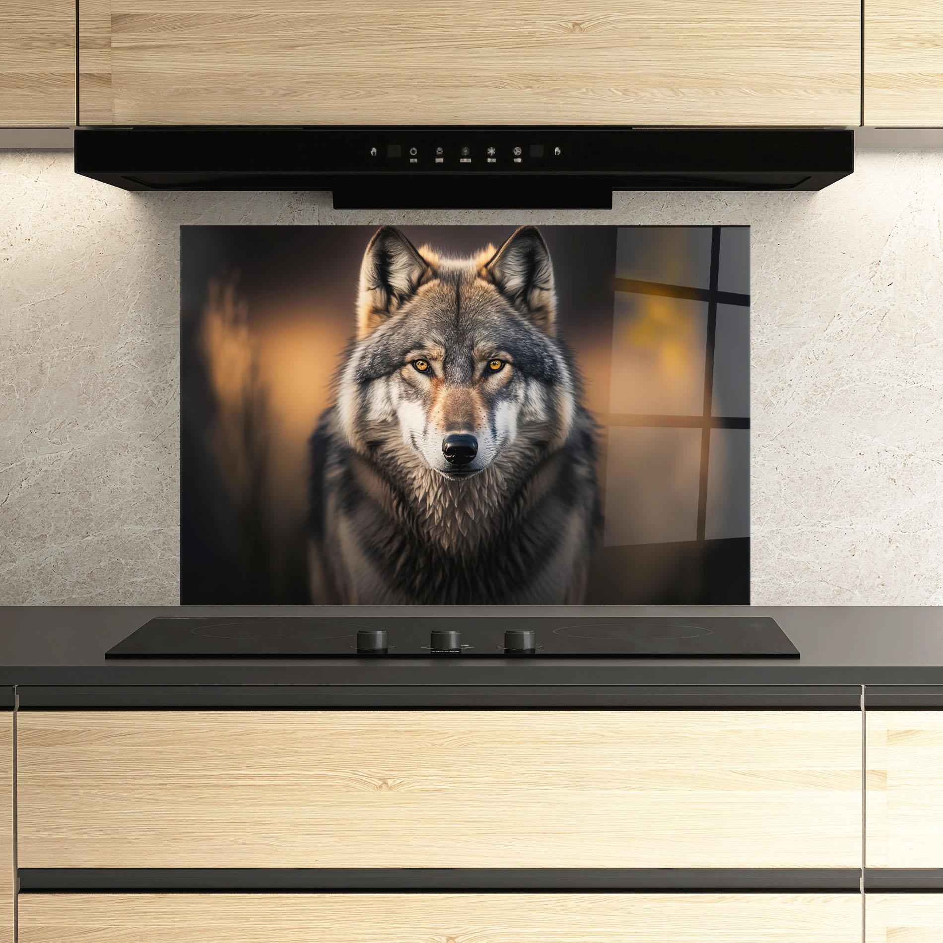 Küchenrückwand Glas Wild Gray Wolf mockup 3