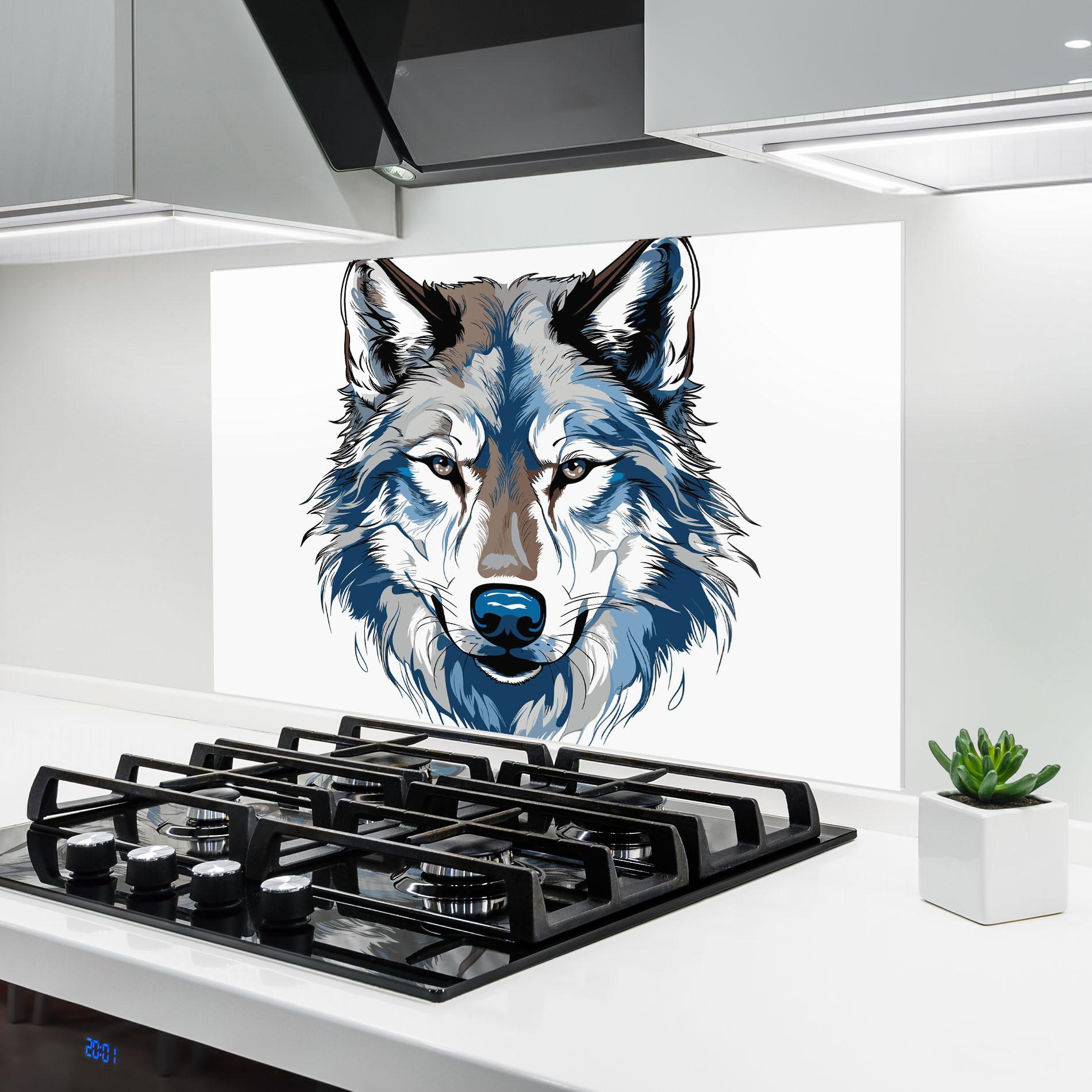 Küchenrückwand Glas Blue Wolf Head mockup 6