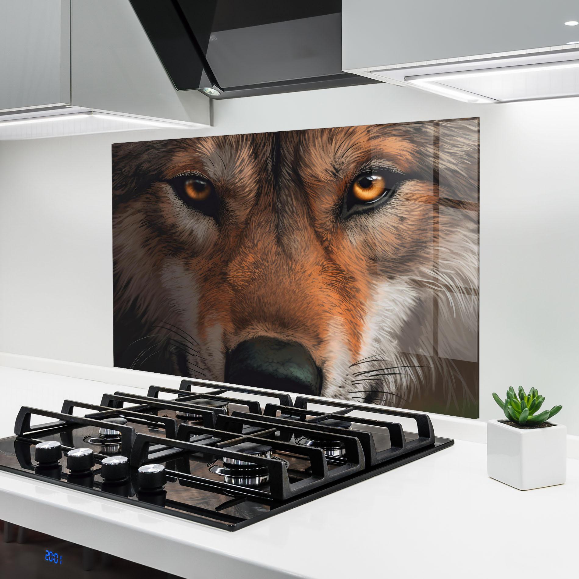 Küchenrückwand Glas Close Up Wolf Eyes mockup 6