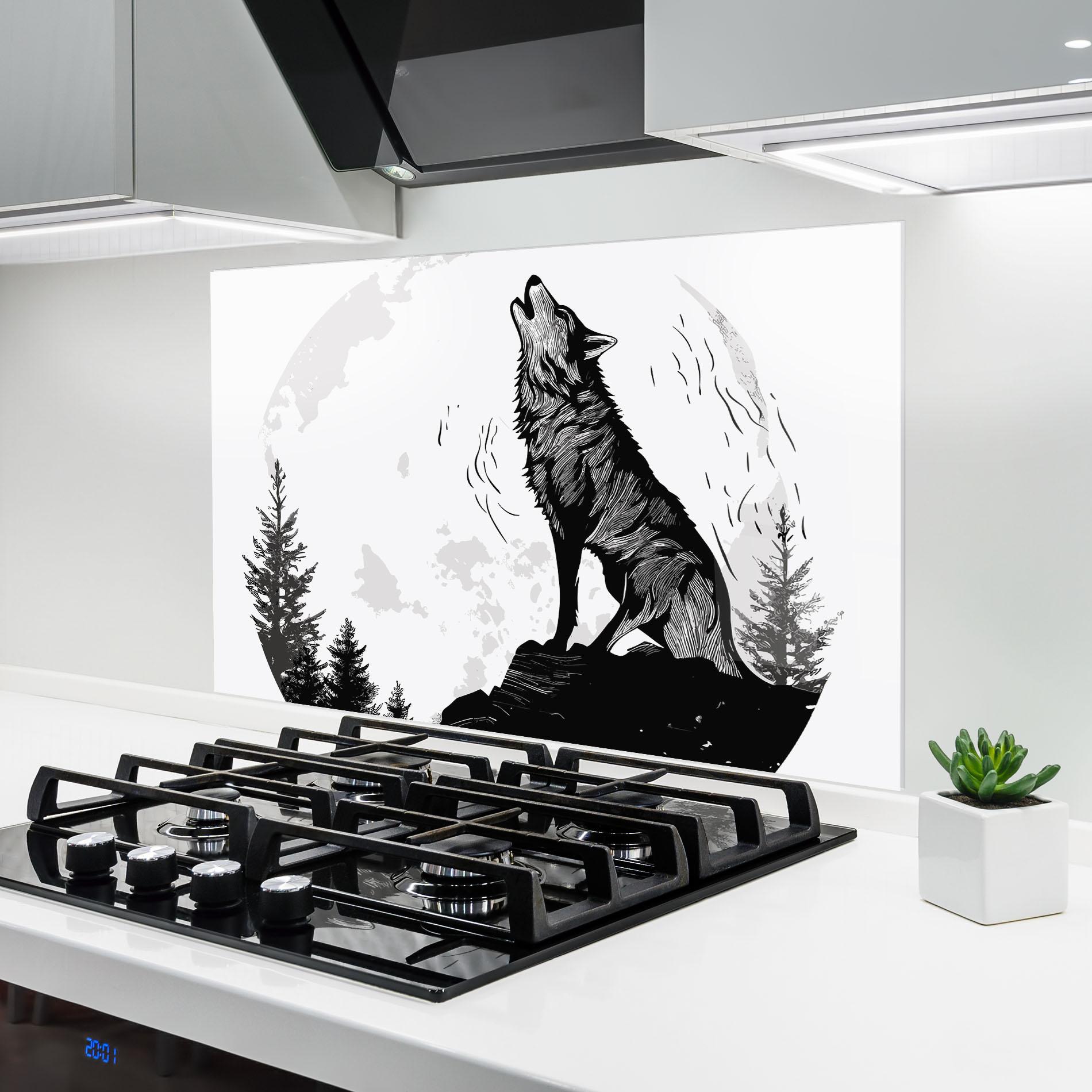 Küchenrückwand Glas Grey Moon Wolf mockup 6