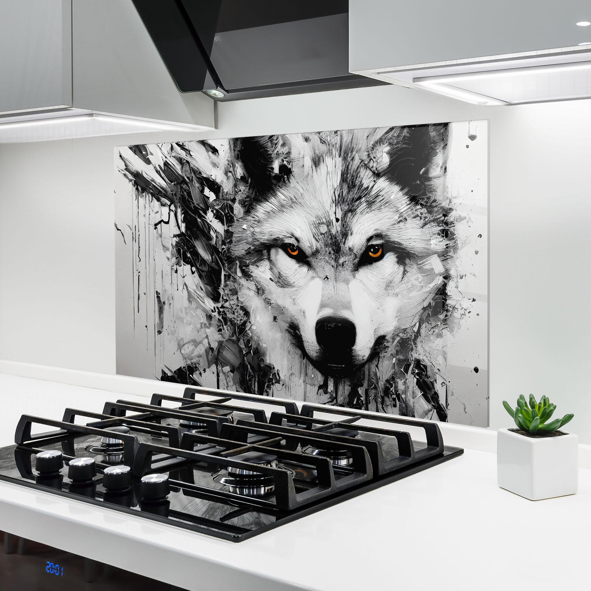 Küchenrückwand Glas Grey Wolf Portrait mockup 6