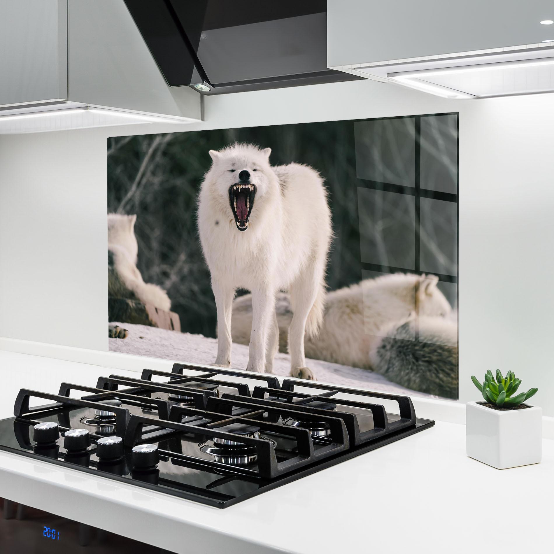 Küchenrückwand Glas Laughing White Wolf mockup 6